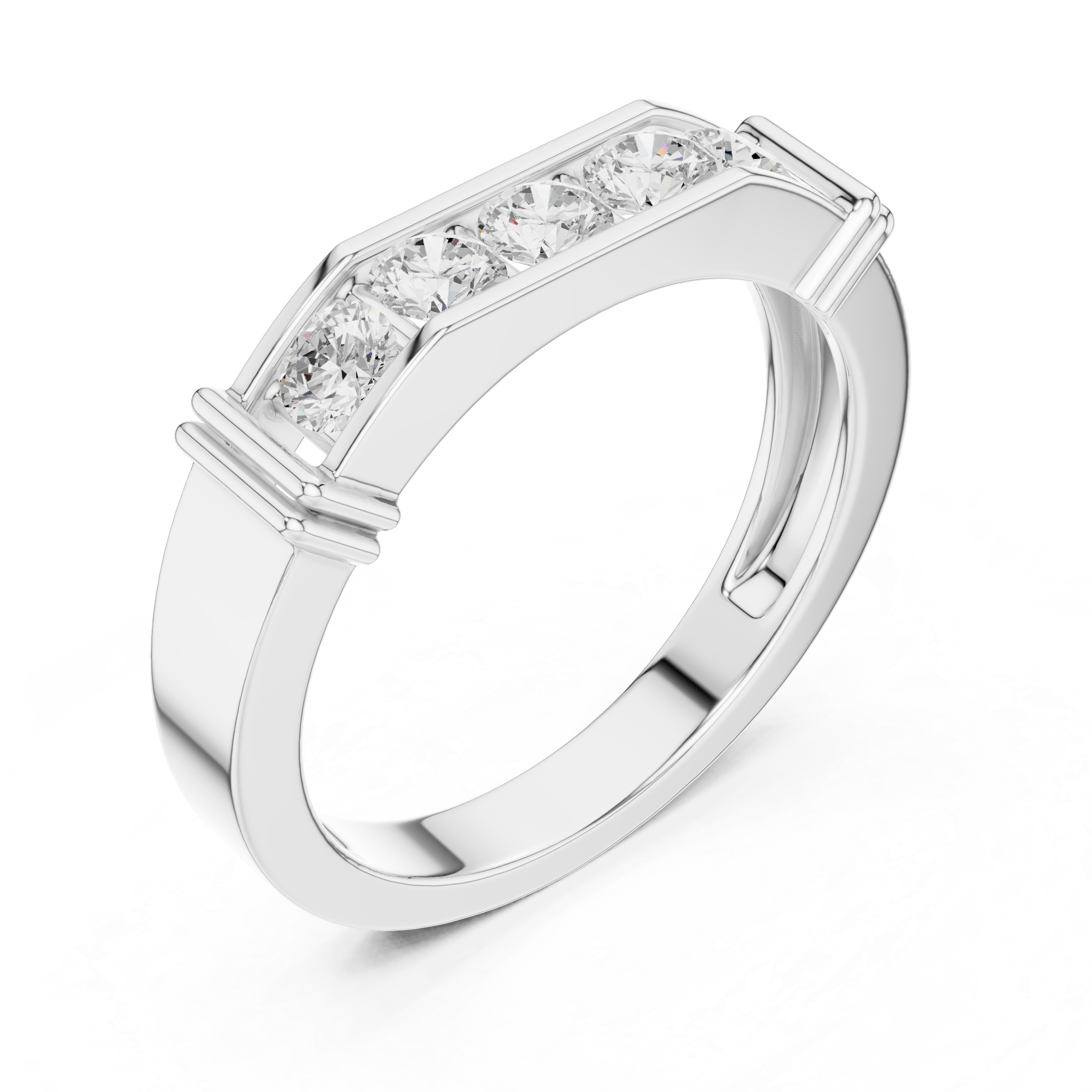 Men's silver octagonal band ring with five large bar-set round diamonds and ribbed side detailing