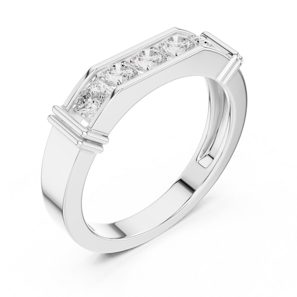 Men's silver octagonal band ring with five large bar-set round diamonds and ribbed side detailing