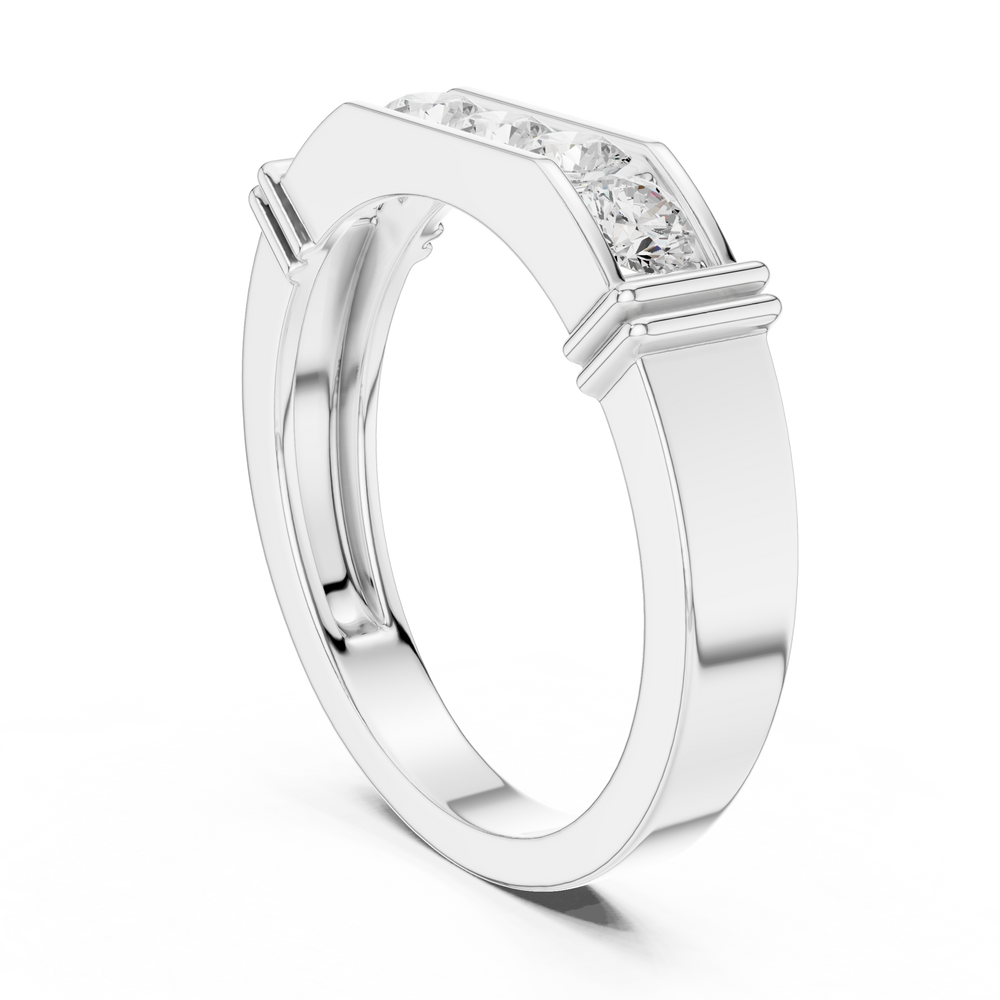 Men's silver octagonal band ring with five large bar-set round diamonds and ribbed side detailing