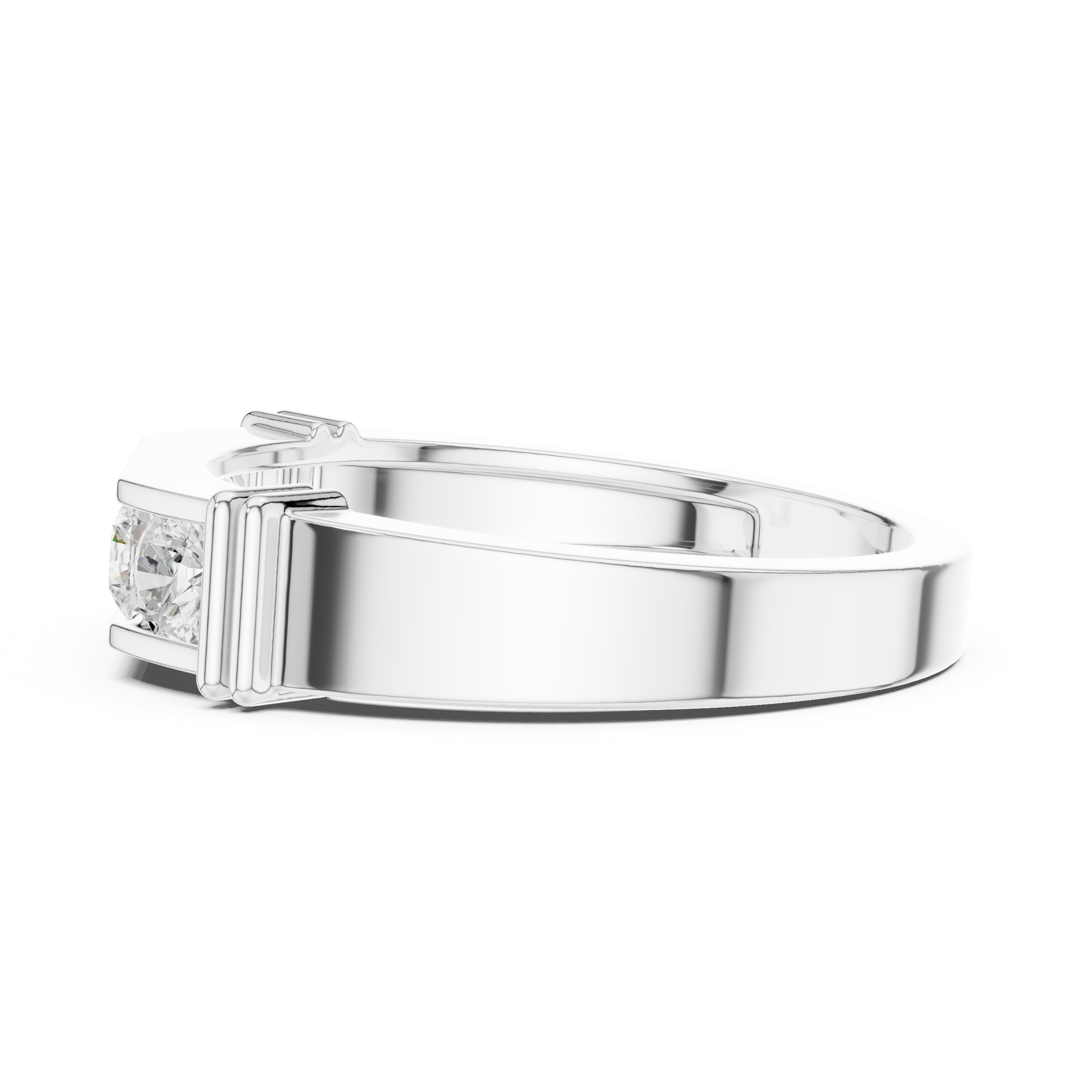 Men's silver octagonal band ring with five large bar-set round diamonds and ribbed side detailing