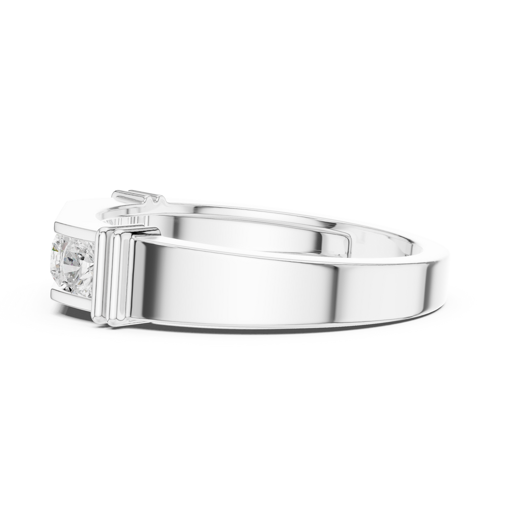 Men's silver octagonal band ring with five large bar-set round diamonds and ribbed side detailing