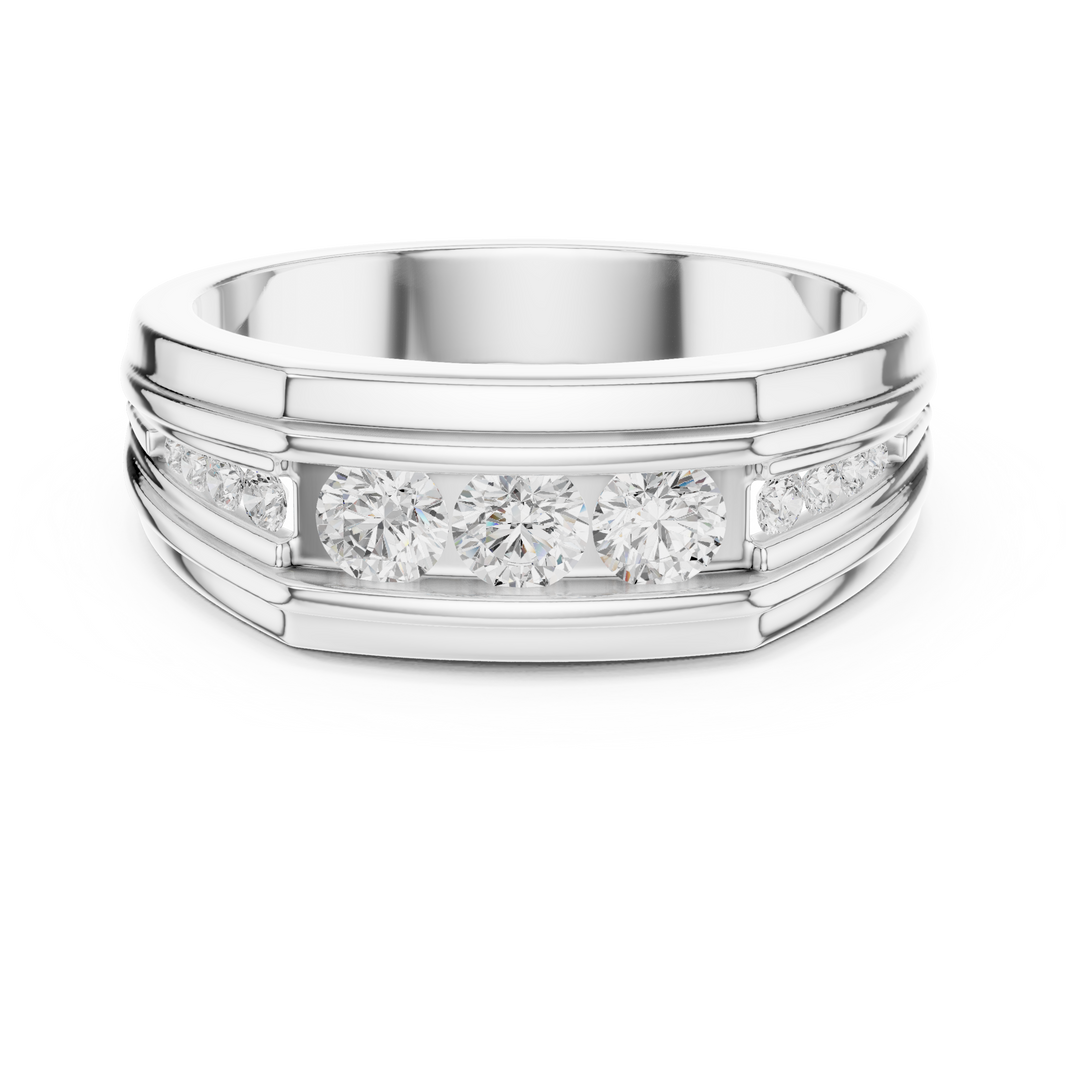 Men's wide silver band ring with five channel-set round diamonds and grooved edge detailing