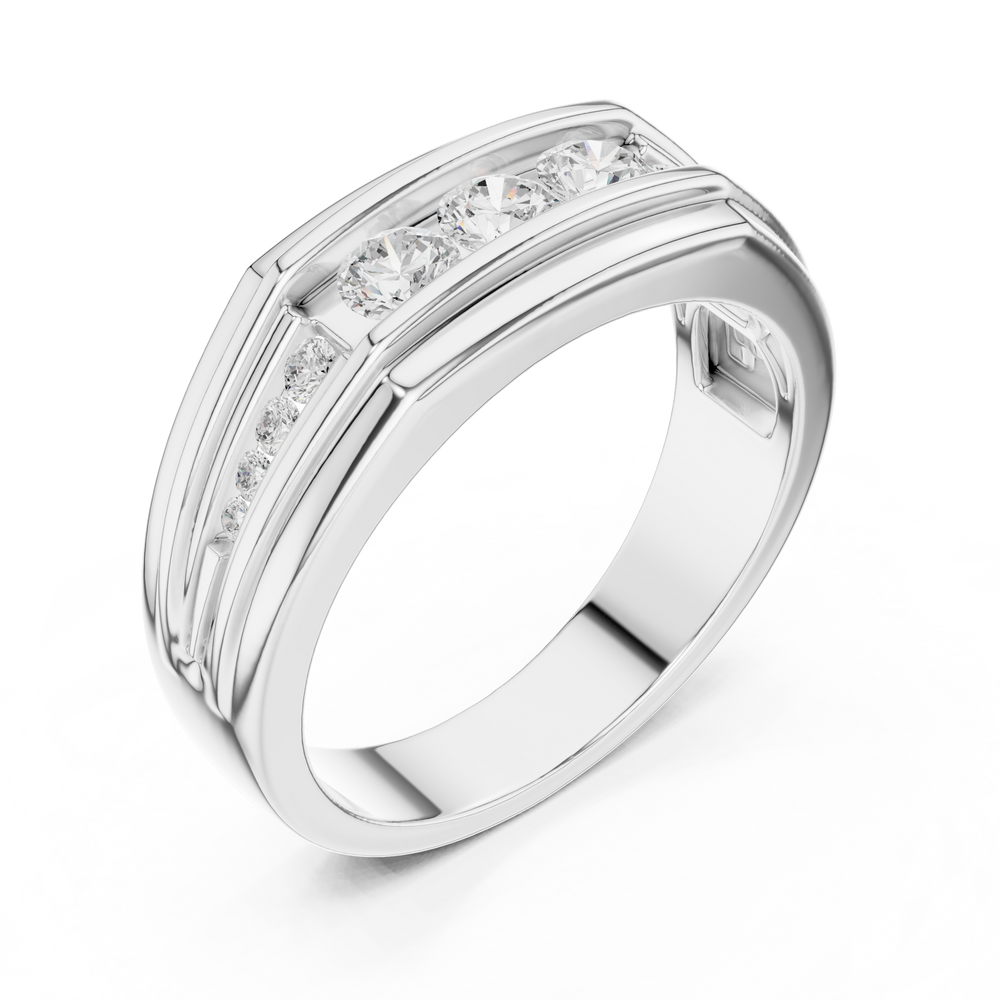 Men's wide silver band ring with five channel-set round diamonds and grooved edge detailing