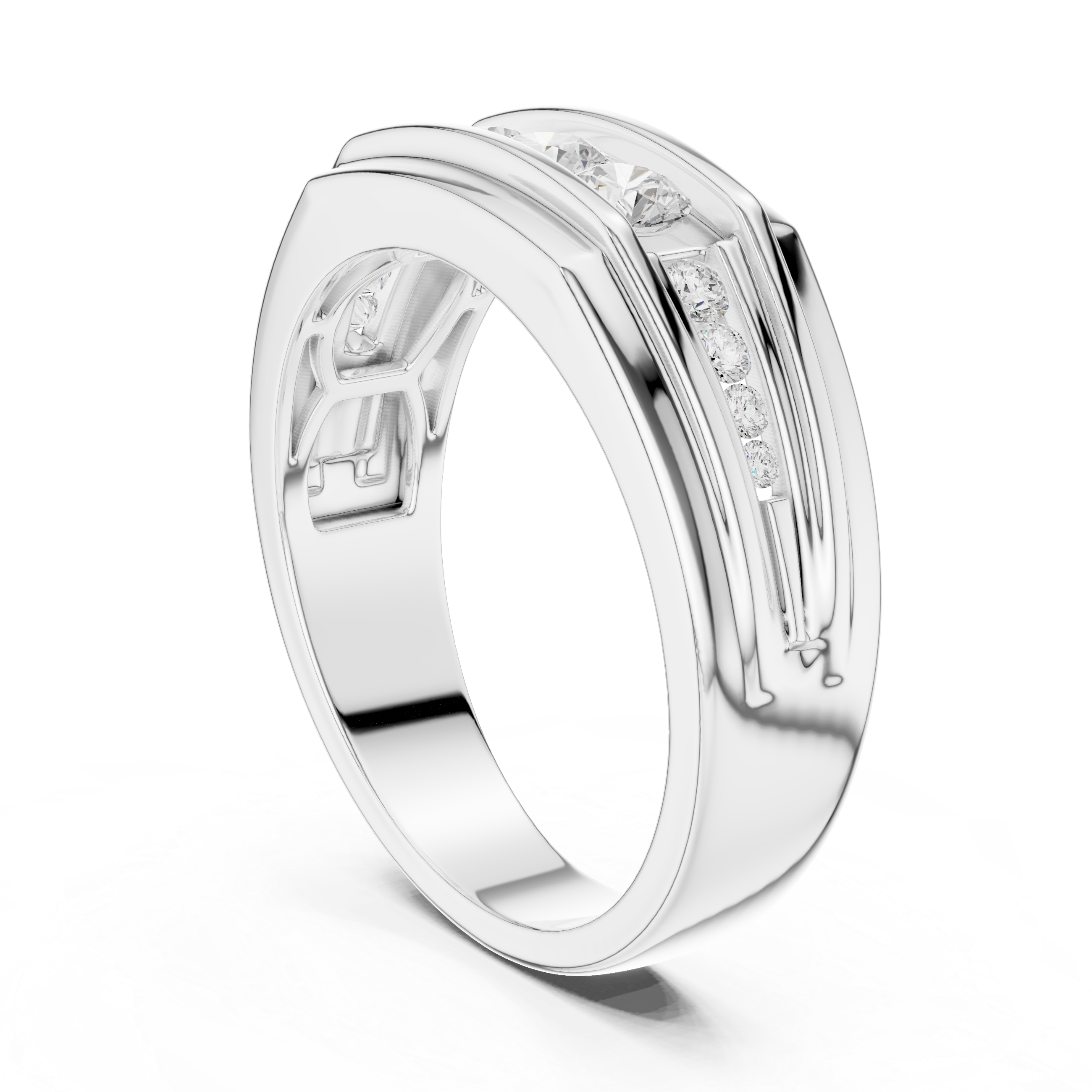 Men's wide silver band ring with five channel-set round diamonds and grooved edge detailing