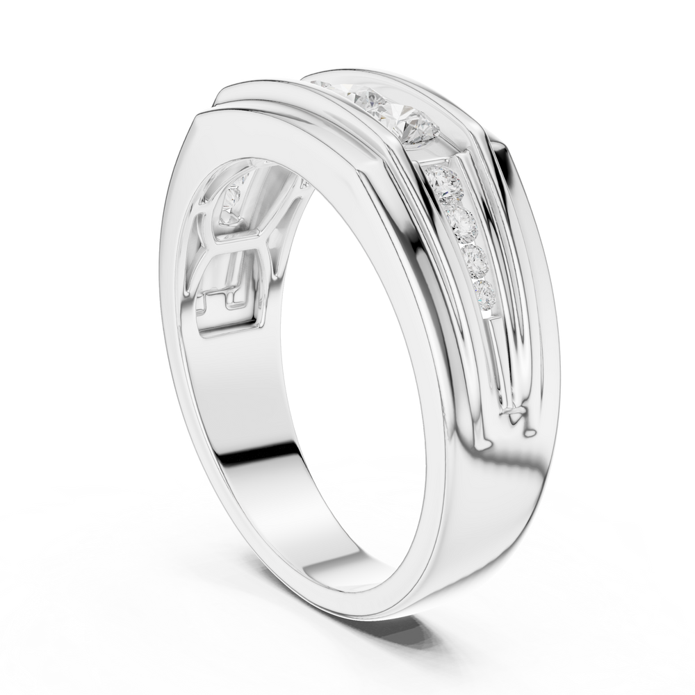 Men's wide silver band ring with five channel-set round diamonds and grooved edge detailing