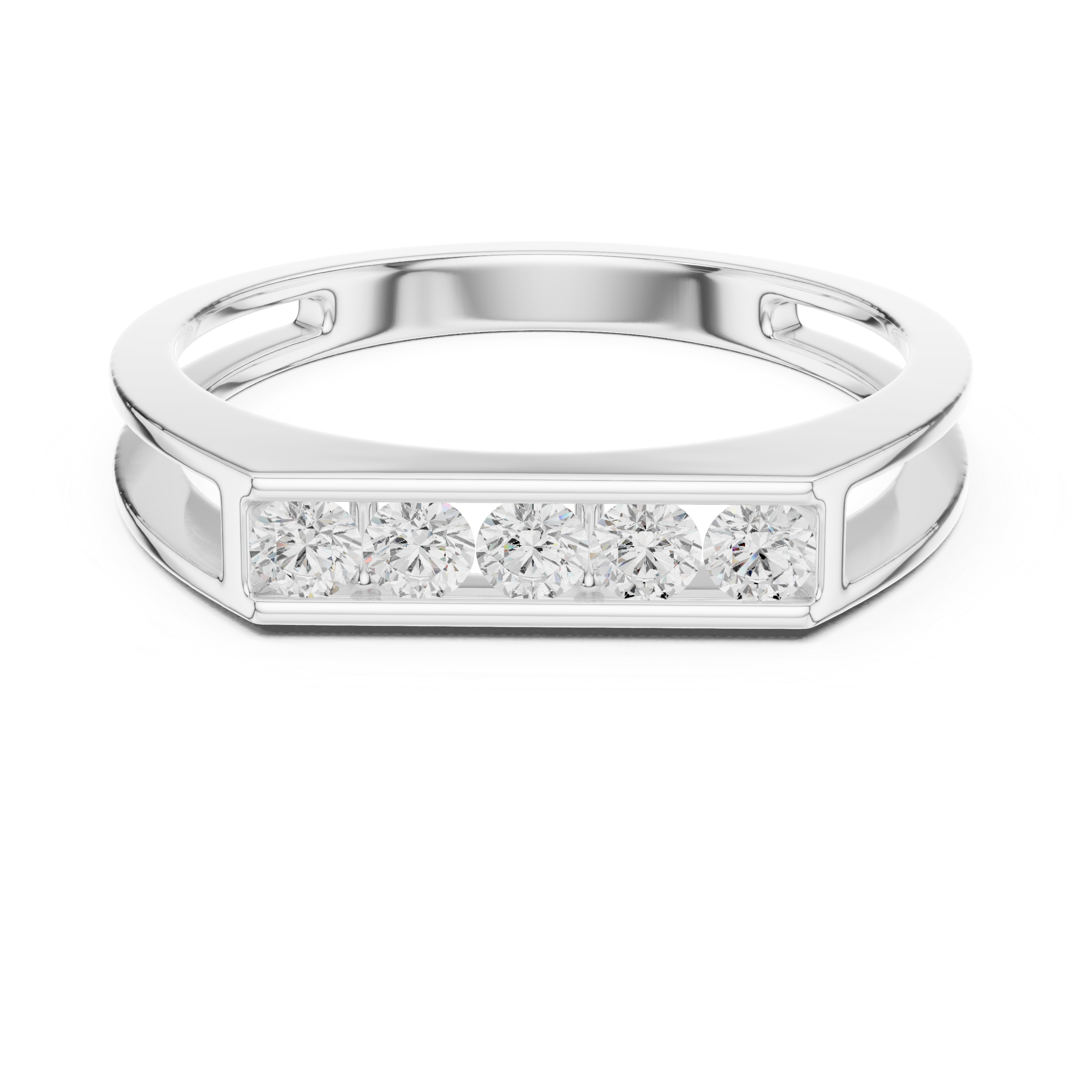 Men's silver flat-top octagonal band ring with four large channel-set round diamonds and open side details