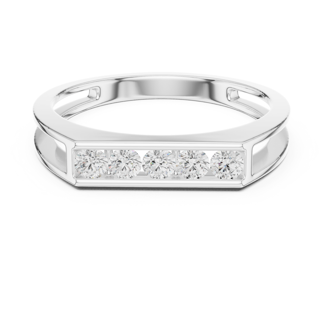 Men's silver flat-top octagonal band ring with four large channel-set round diamonds and open side details