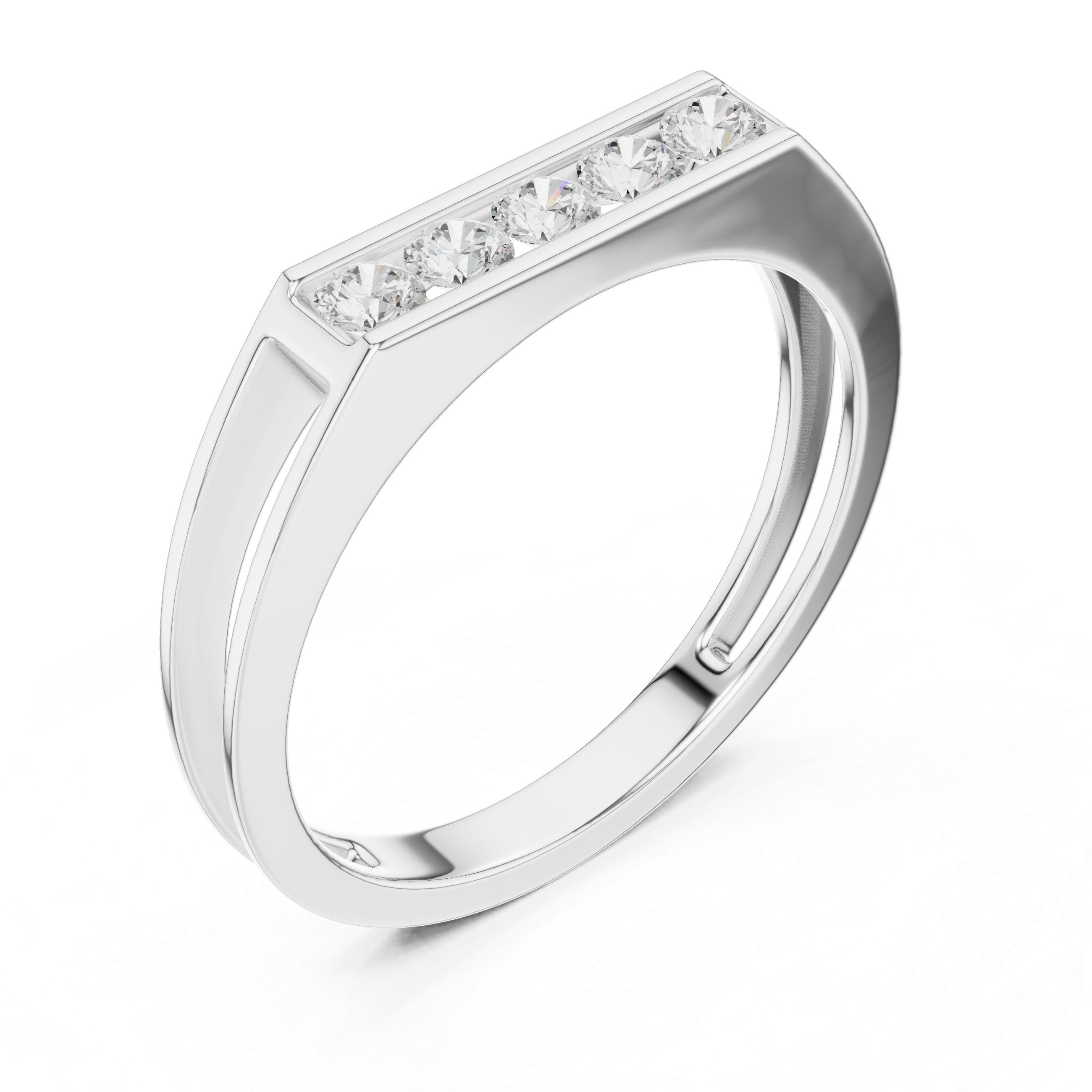 Men's silver flat-top octagonal band ring with four large channel-set round diamonds and open side details