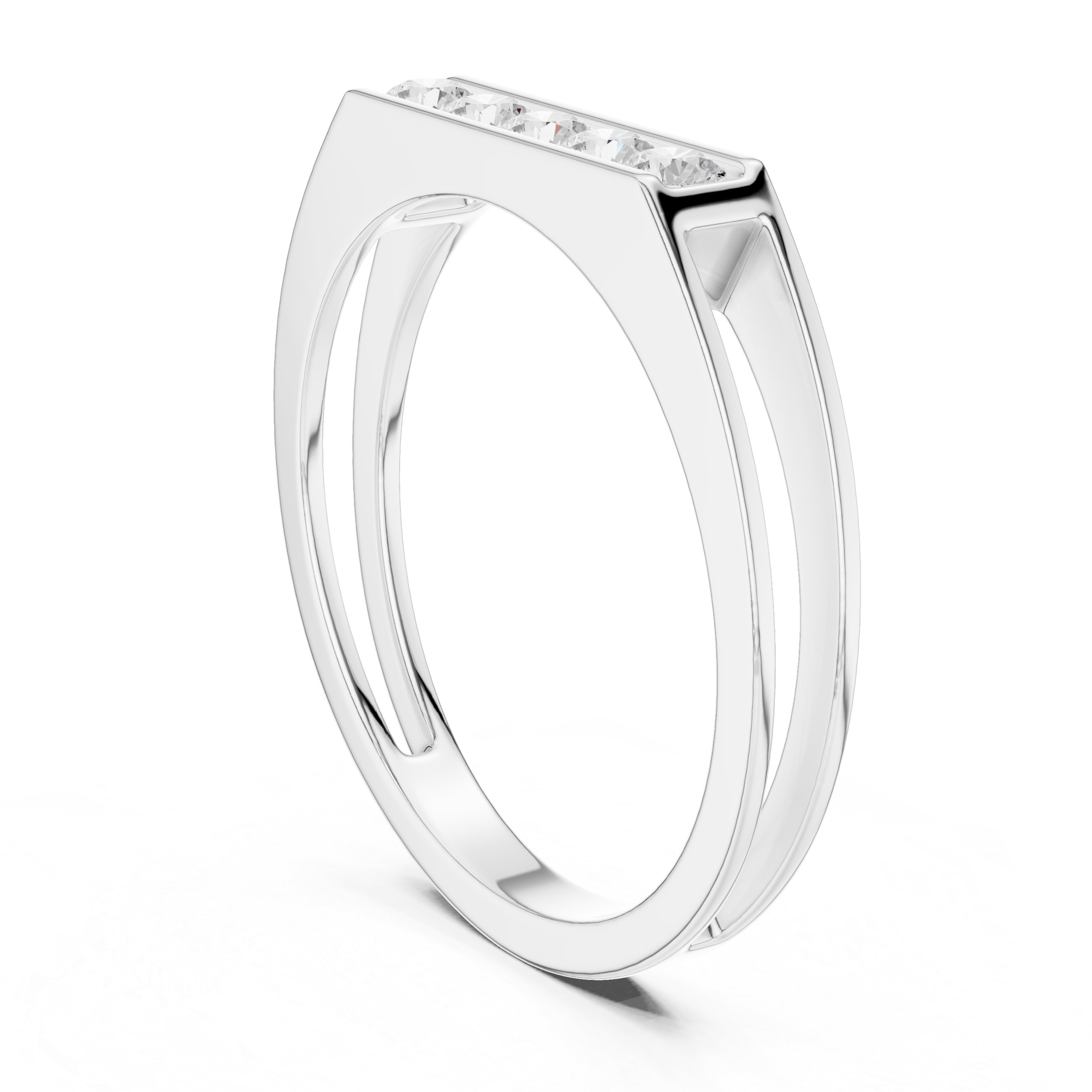 Men's silver flat-top octagonal band ring with four large channel-set round diamonds and open side details
