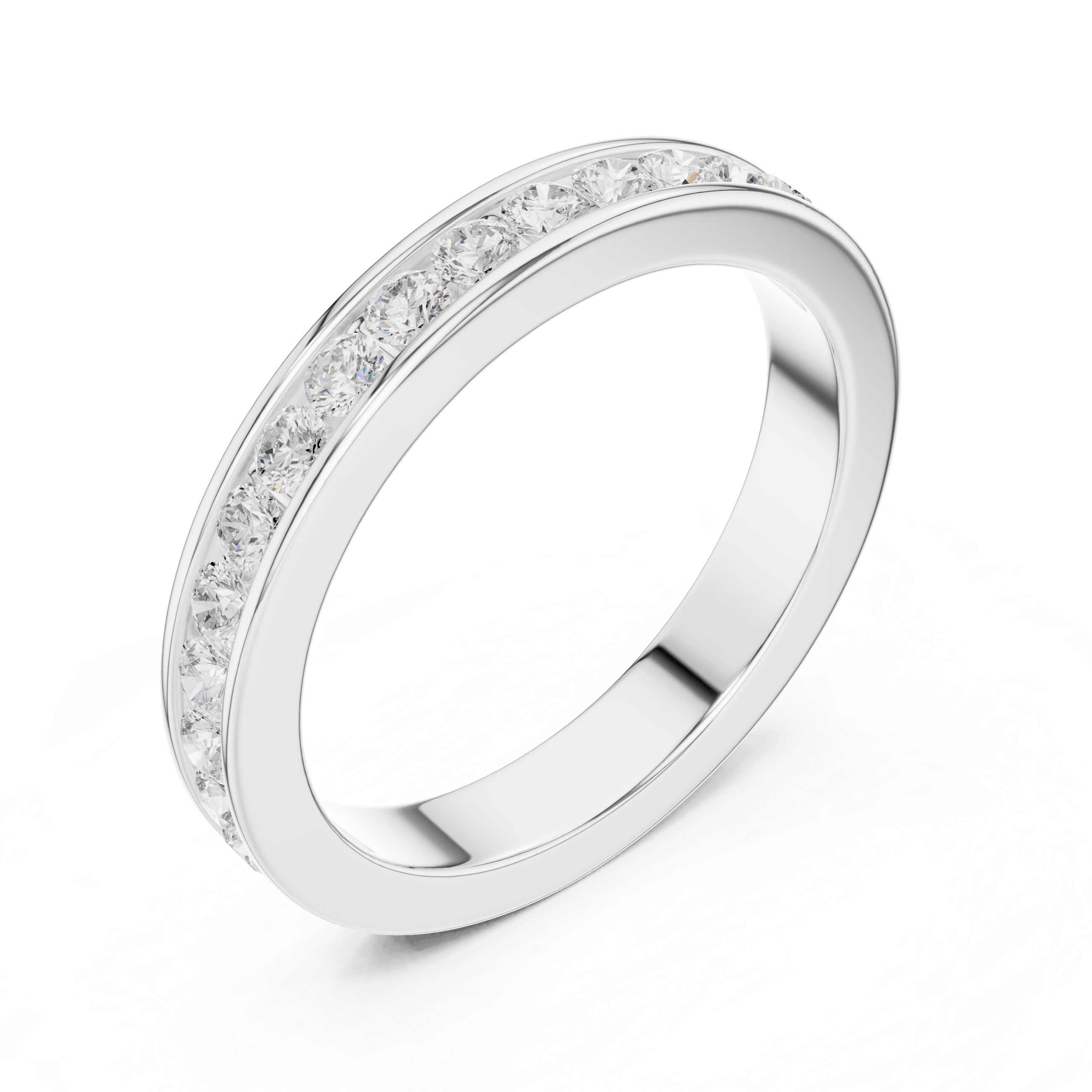 Men's silver wedding band with full-eternity round diamonds and polished edges
