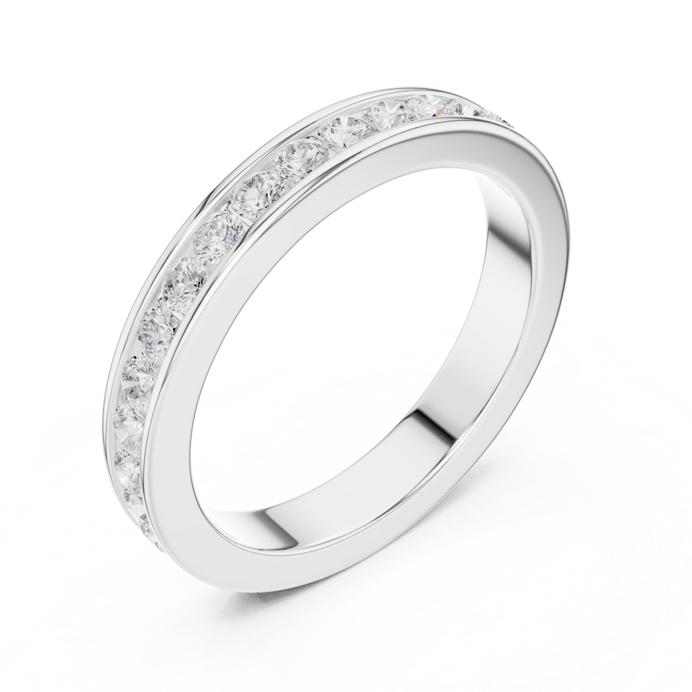 Men's silver wedding band with full-eternity round diamonds and polished edges