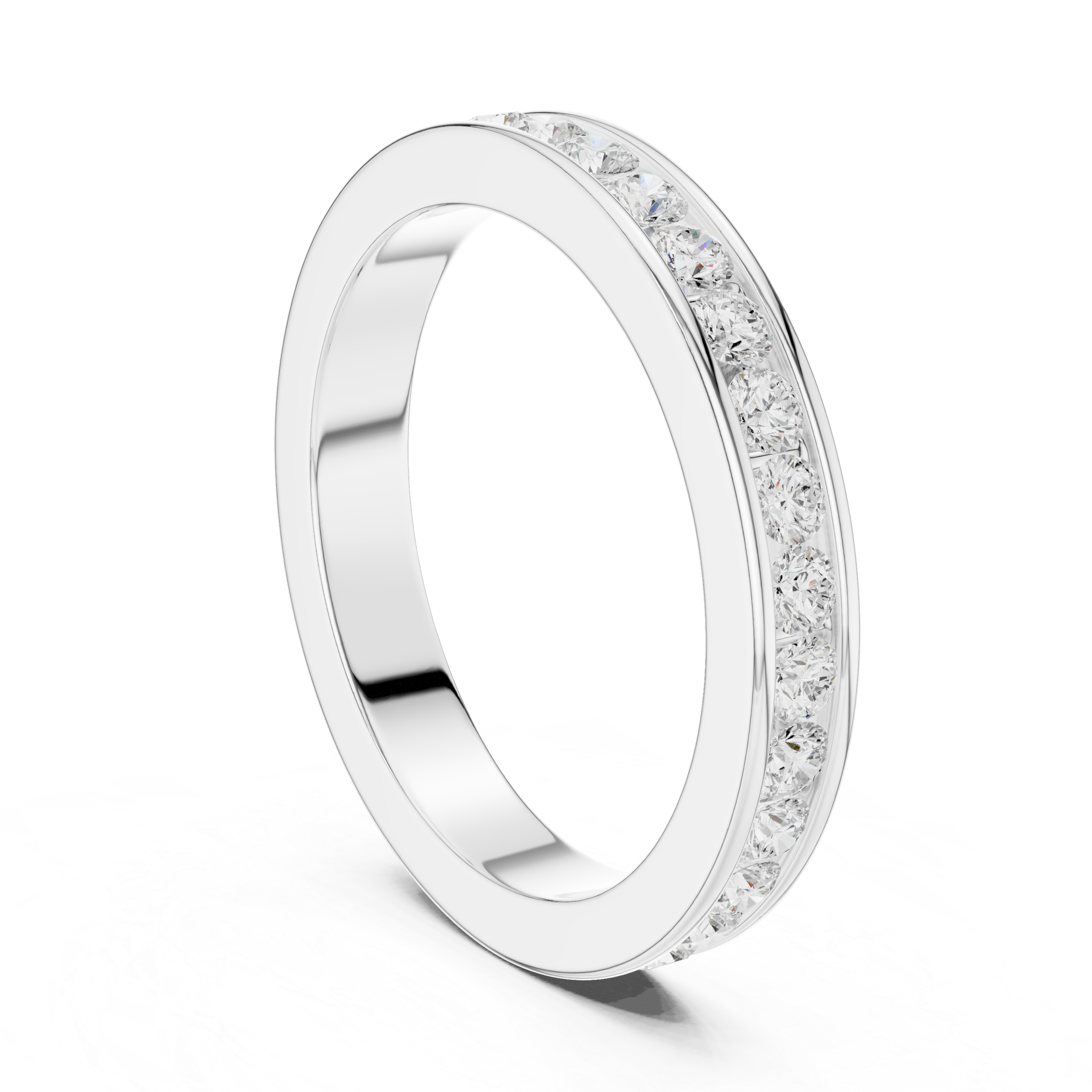 Men's silver wedding band with full-eternity round diamonds and polished edges