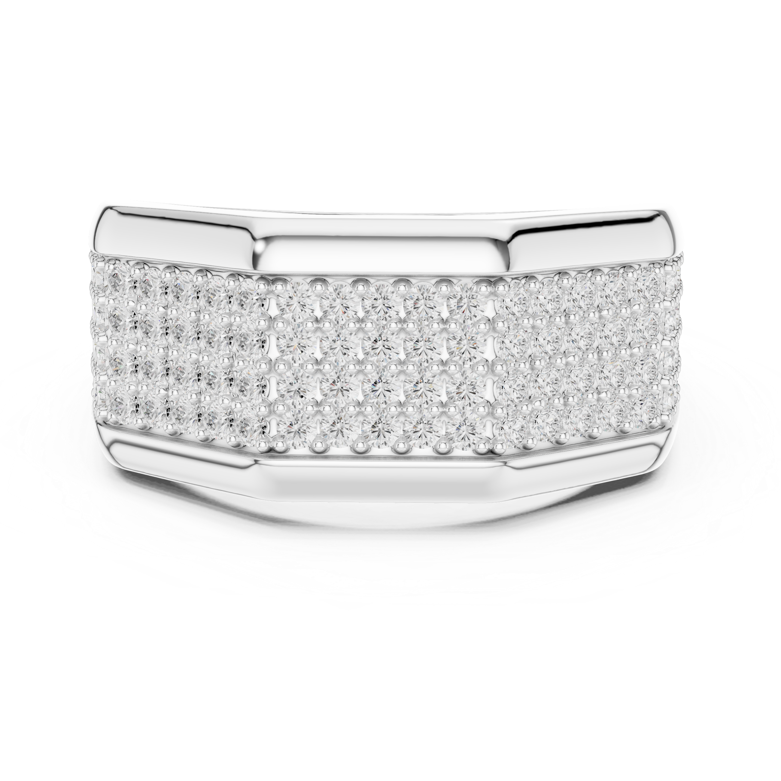 Men's wide silver ring with full pavé diamond octagonal top and polished bar accents