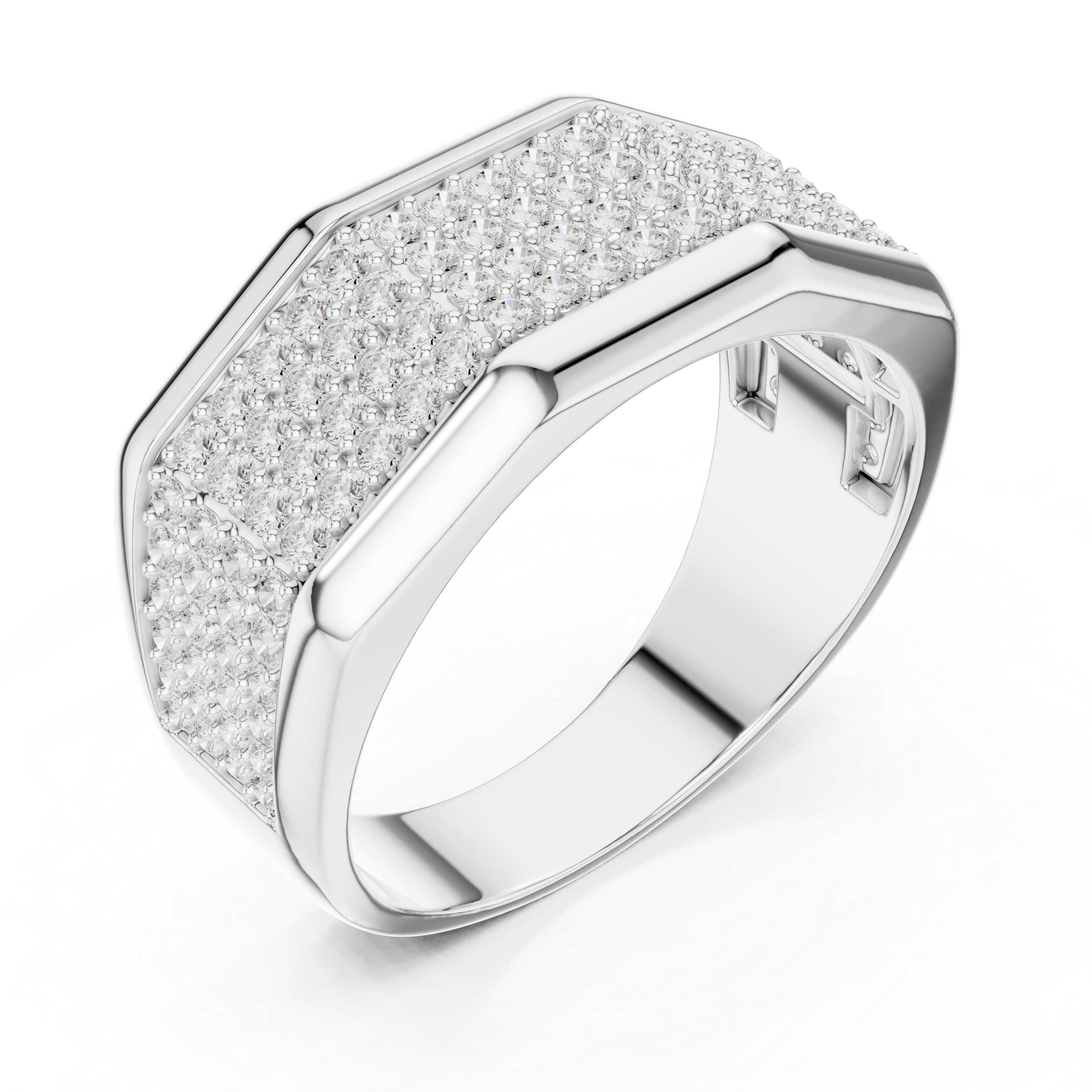 Men's wide silver ring with full pavé diamond octagonal top and polished bar accents