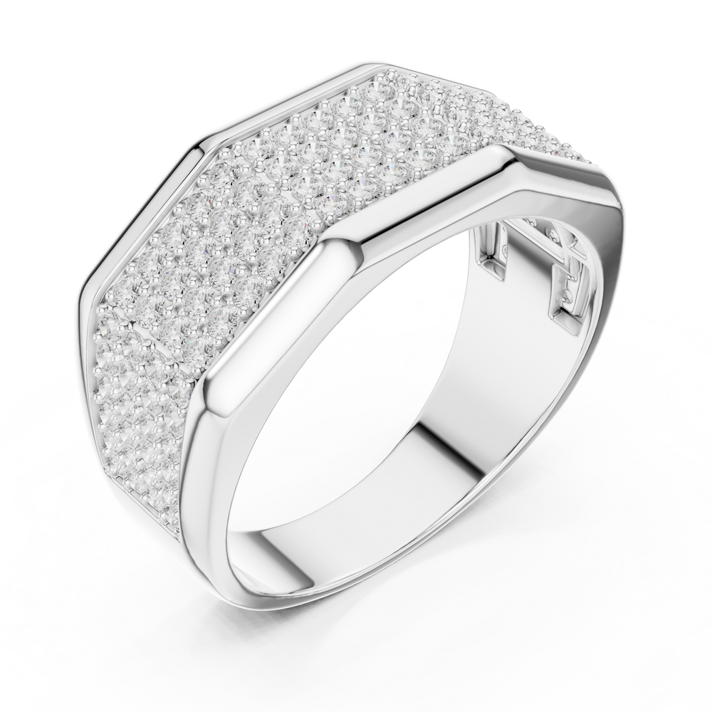 Men's wide silver ring with full pavé diamond octagonal top and polished bar accents