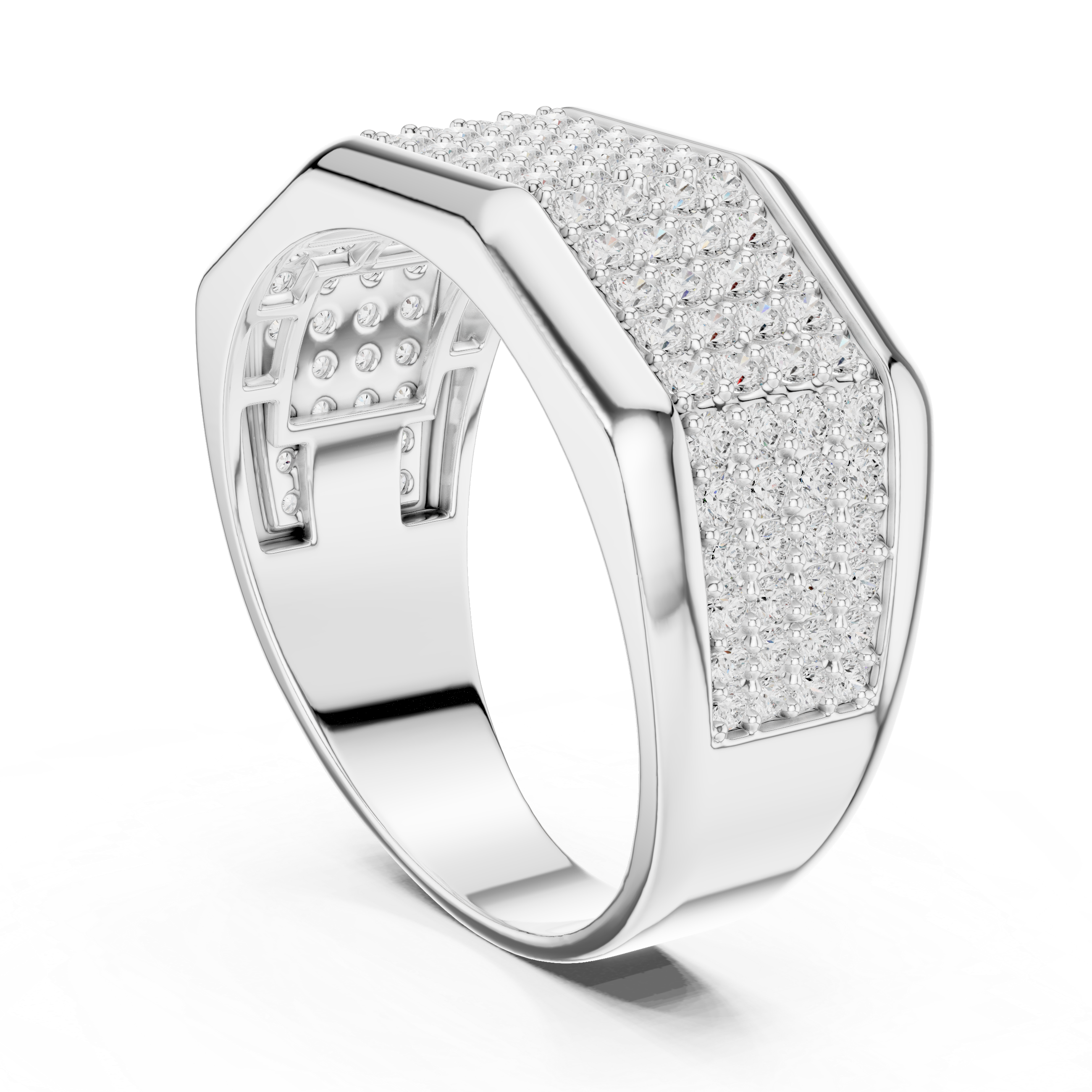Men's wide silver ring with full pavé diamond octagonal top and polished bar accents
