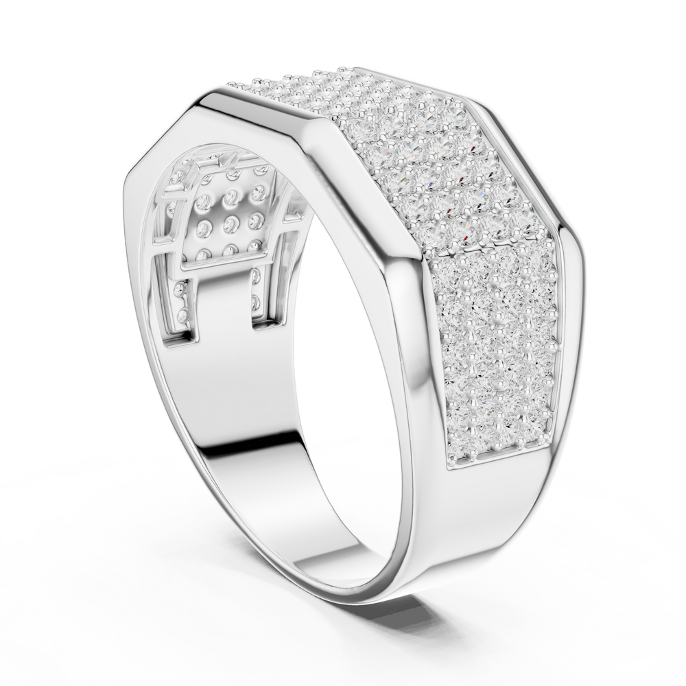 Men's wide silver ring with full pavé diamond octagonal top and polished bar accents