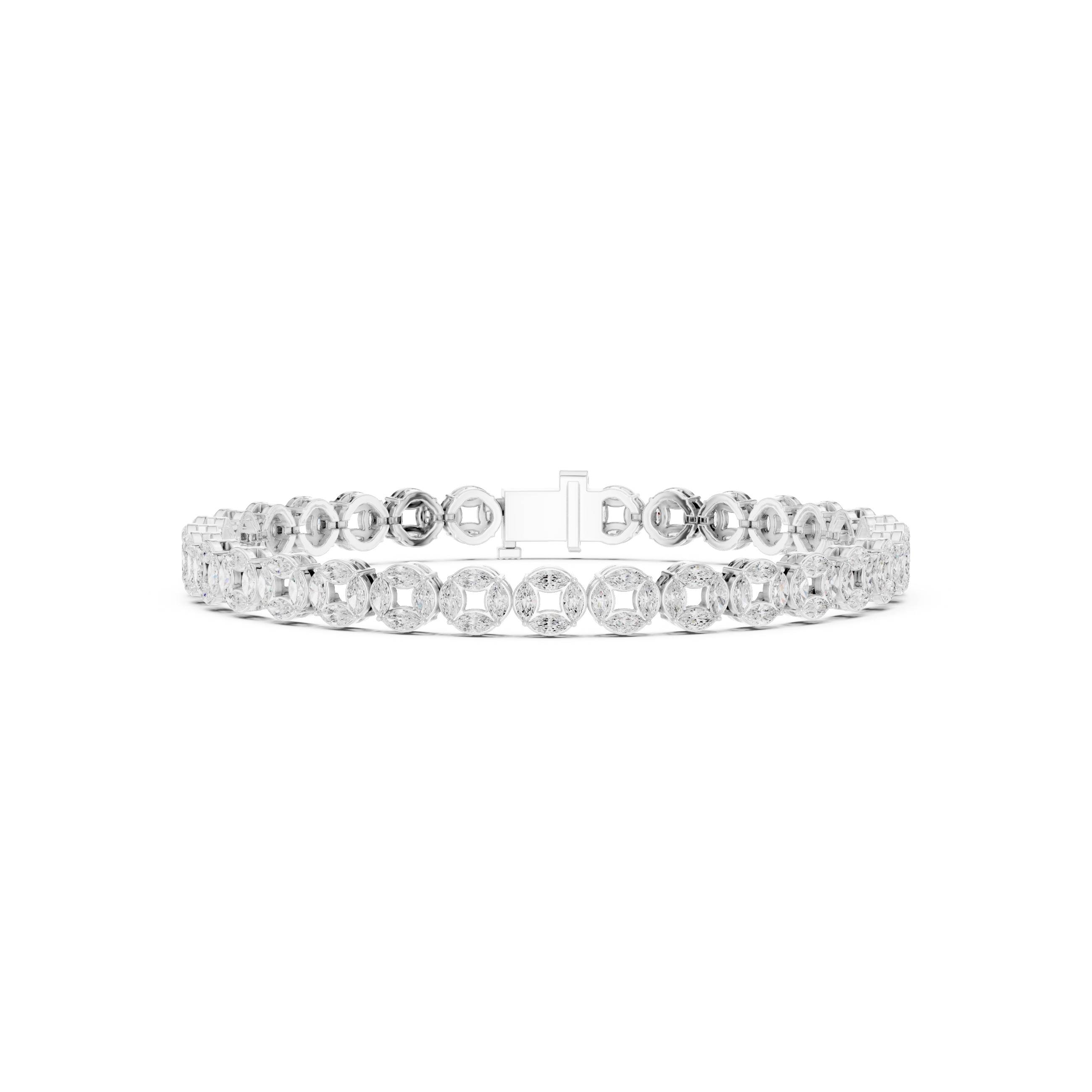 Men's silver tennis bracelet with alternating marquise and round diamonds in open circle links
