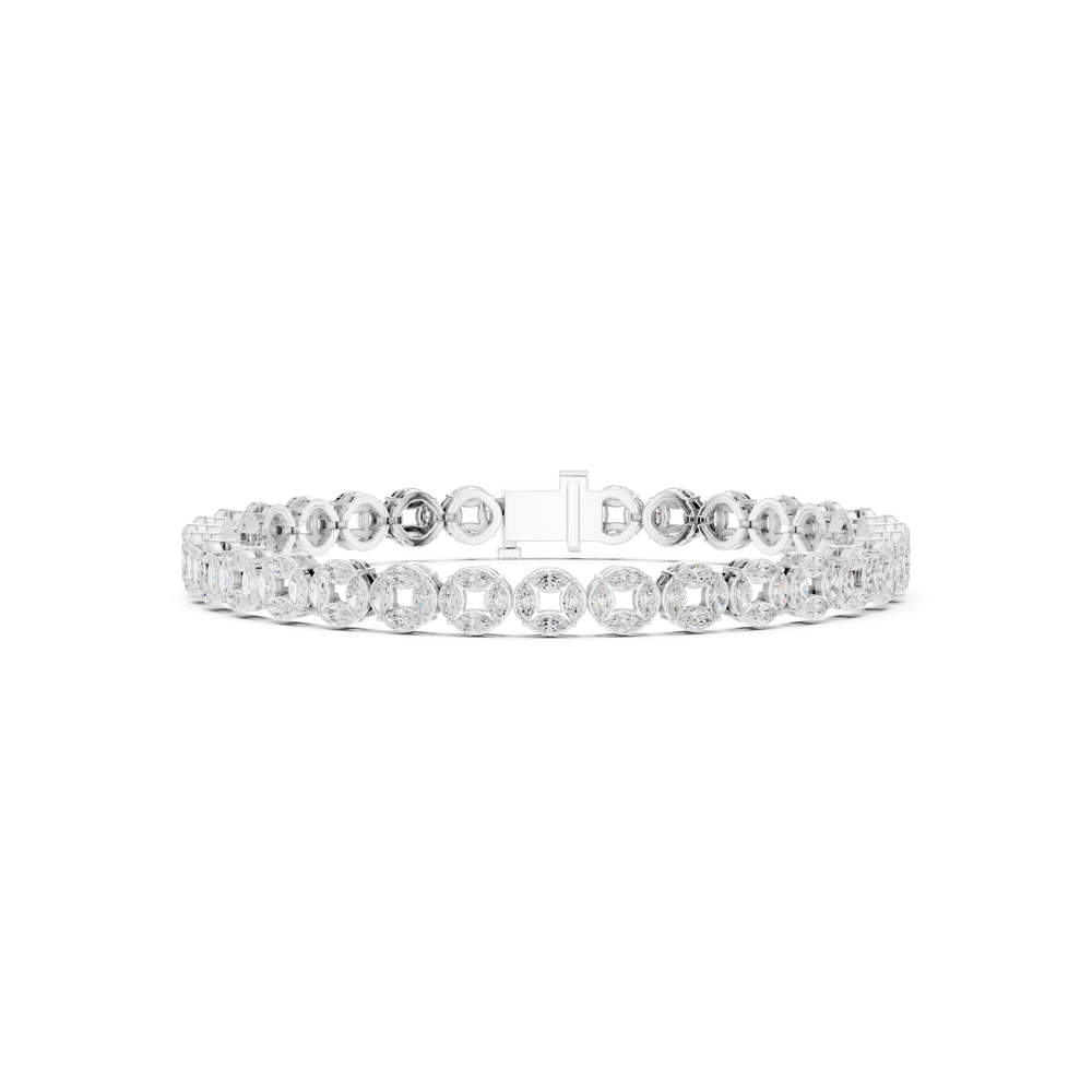 Men's silver tennis bracelet with alternating marquise and round diamonds in open circle links
