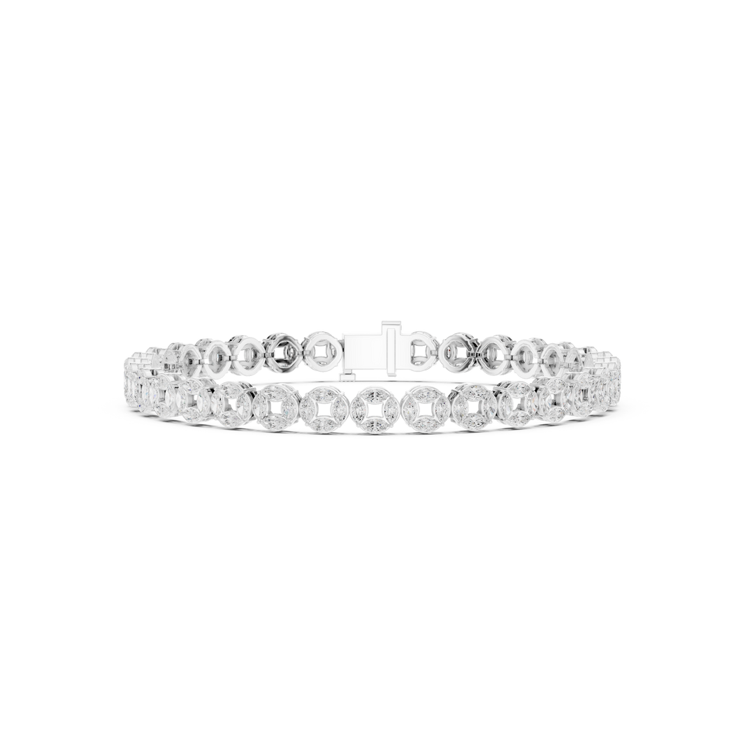 Men's silver tennis bracelet with alternating marquise and round diamonds in open circle links