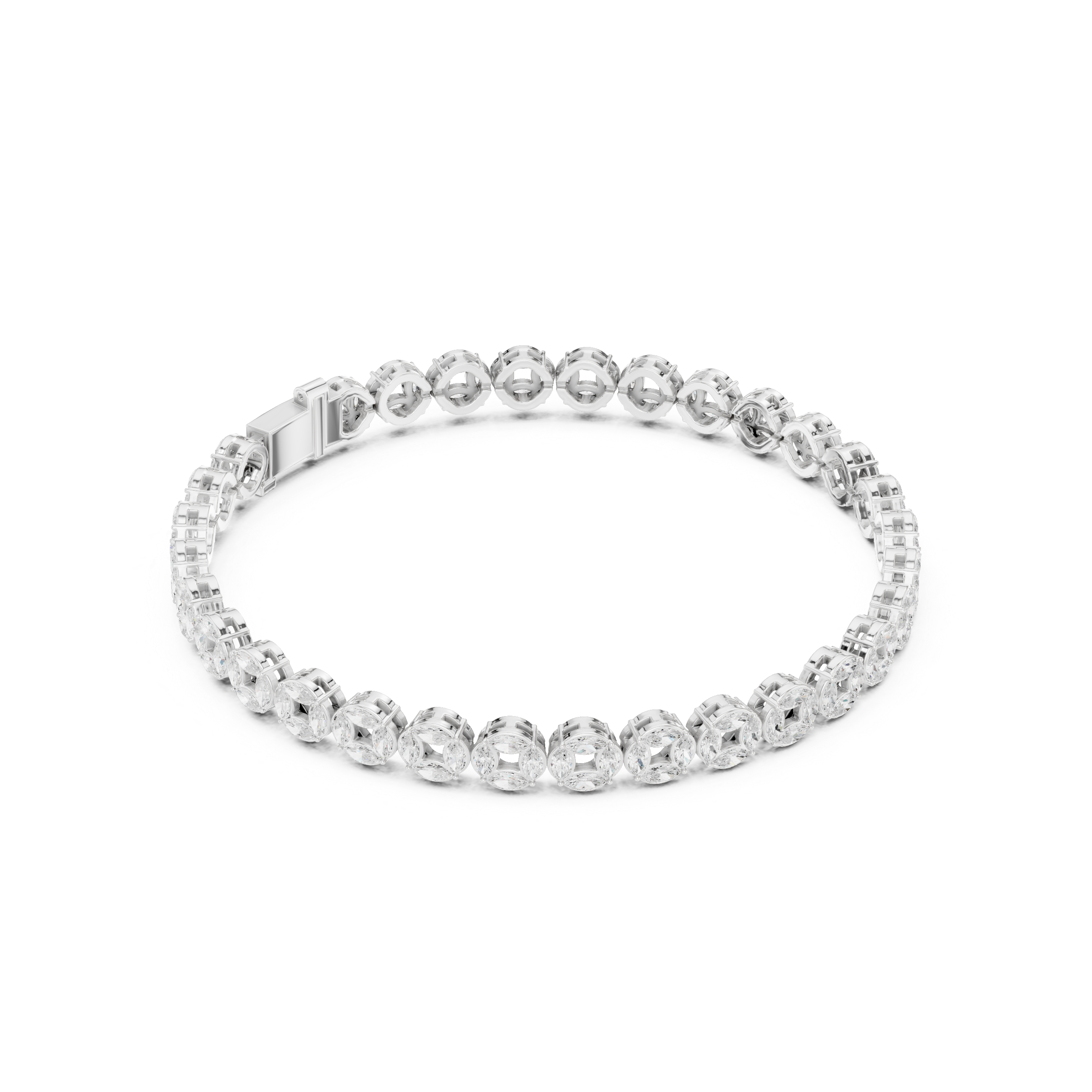 Men's silver tennis bracelet with alternating marquise and round diamonds in open circle links