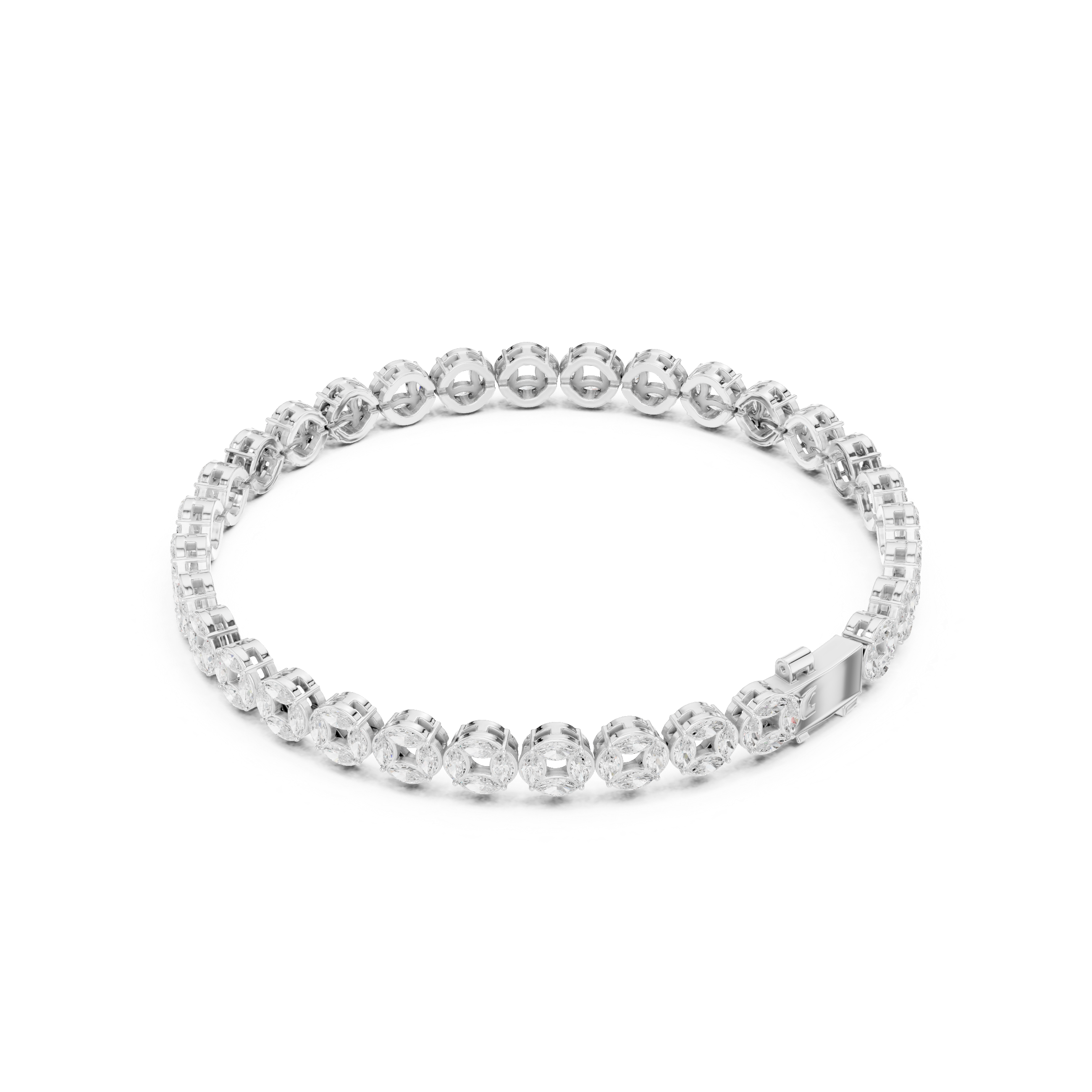 Men's silver tennis bracelet with alternating marquise and round diamonds in open circle links