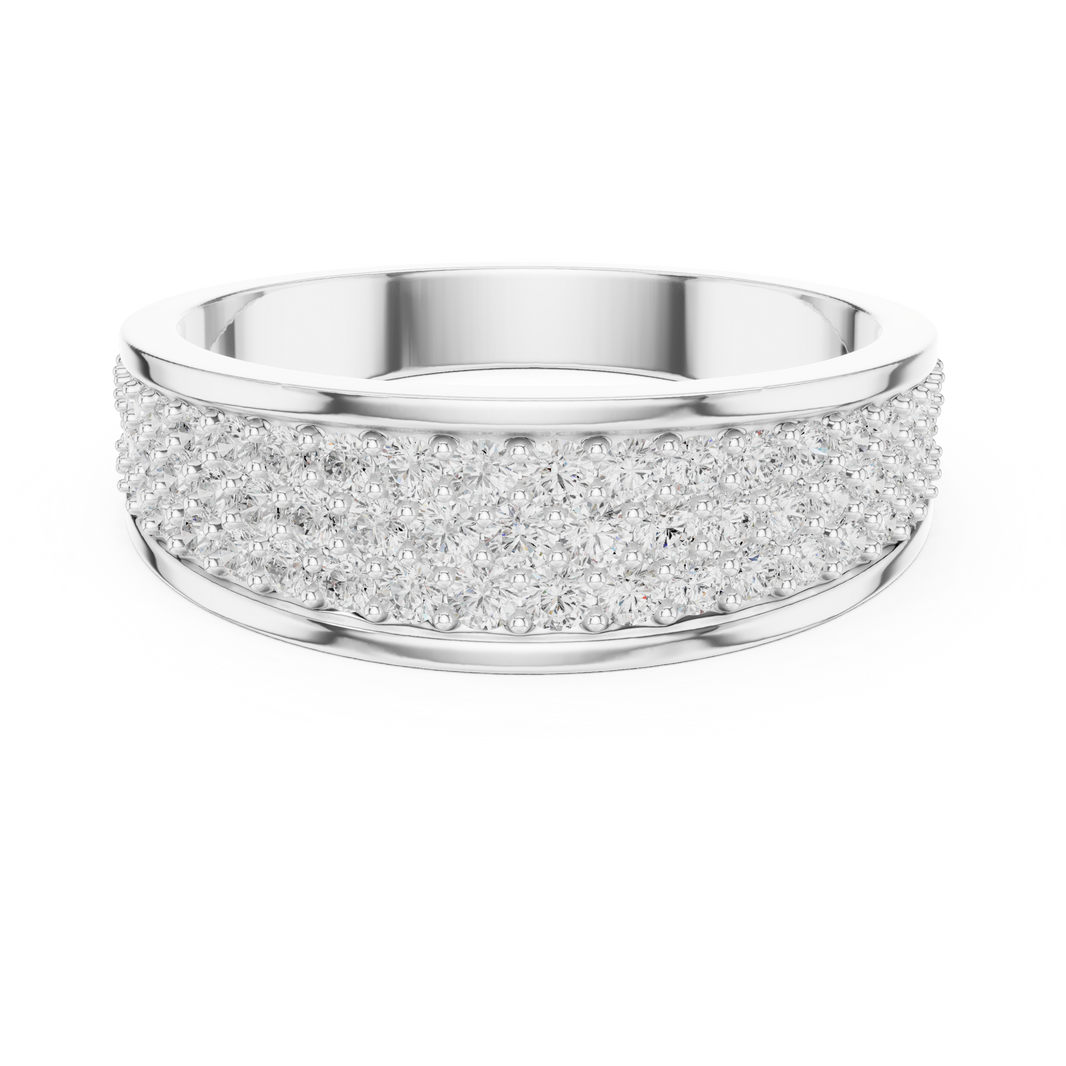 Men's silver wedding band with five-row full pavé diamond center and polished edges