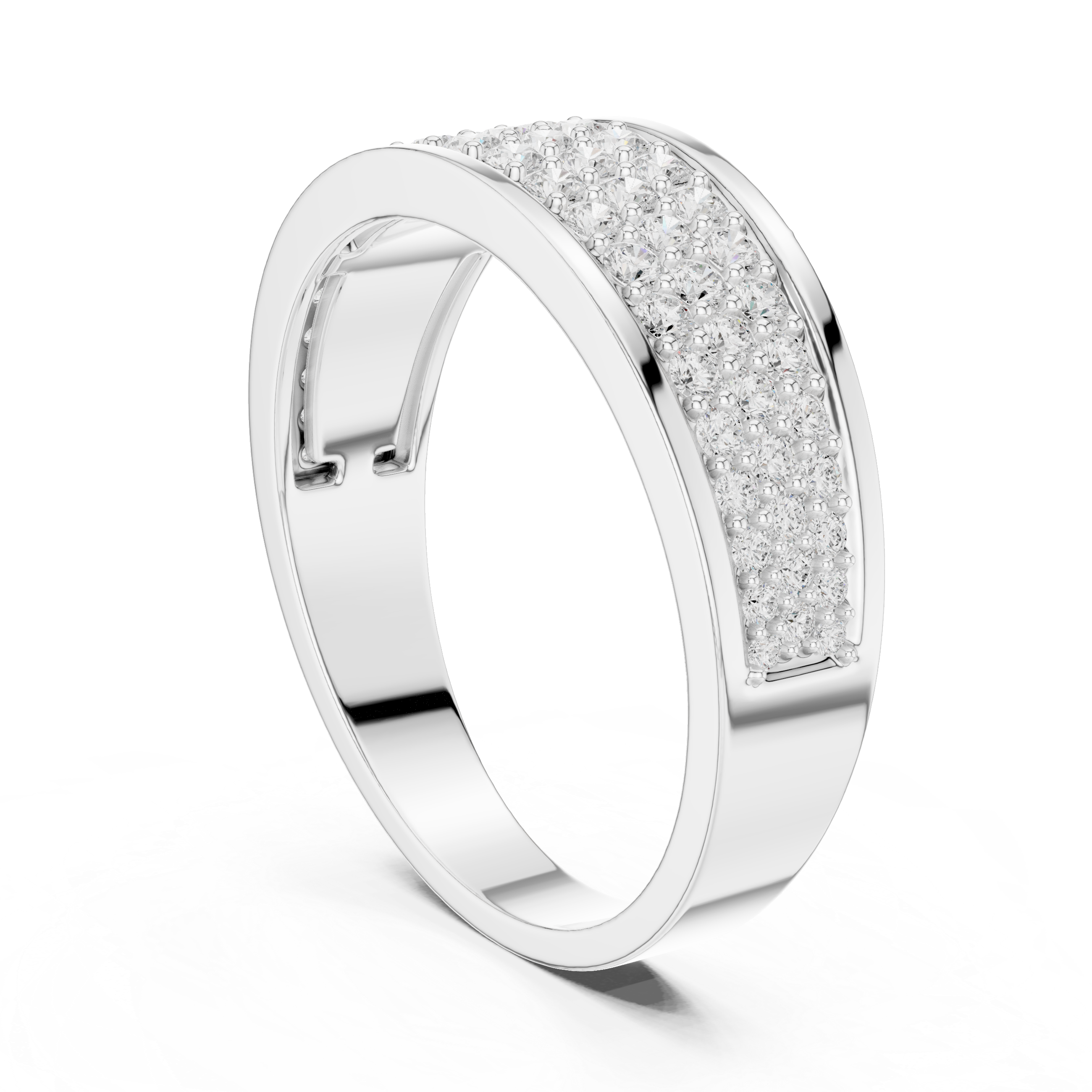 Men's silver wedding band with five-row full pavé diamond center and polished edges