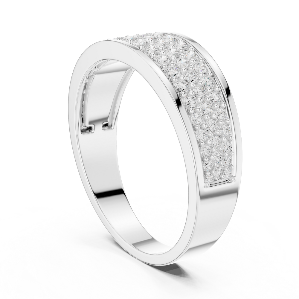 Men's silver wedding band with five-row full pavé diamond center and polished edges