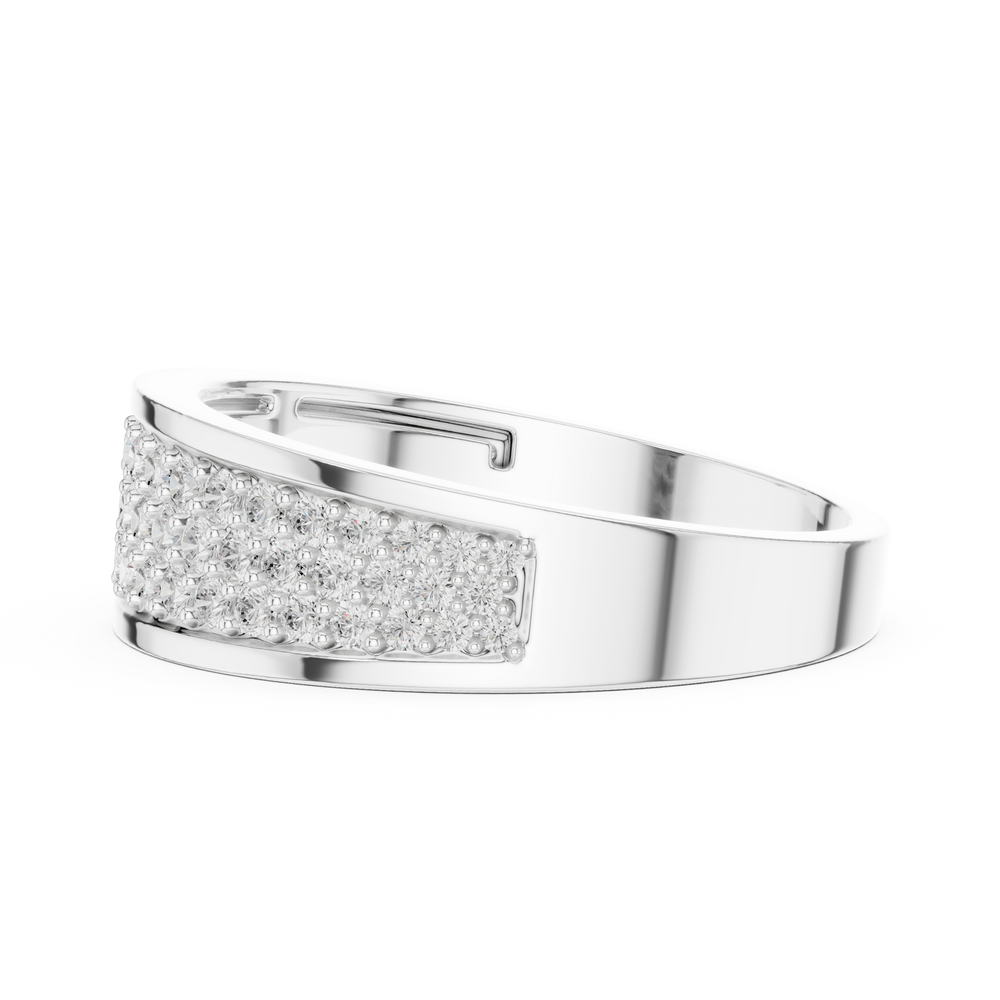 Men's silver wedding band with five-row full pavé diamond center and polished edges