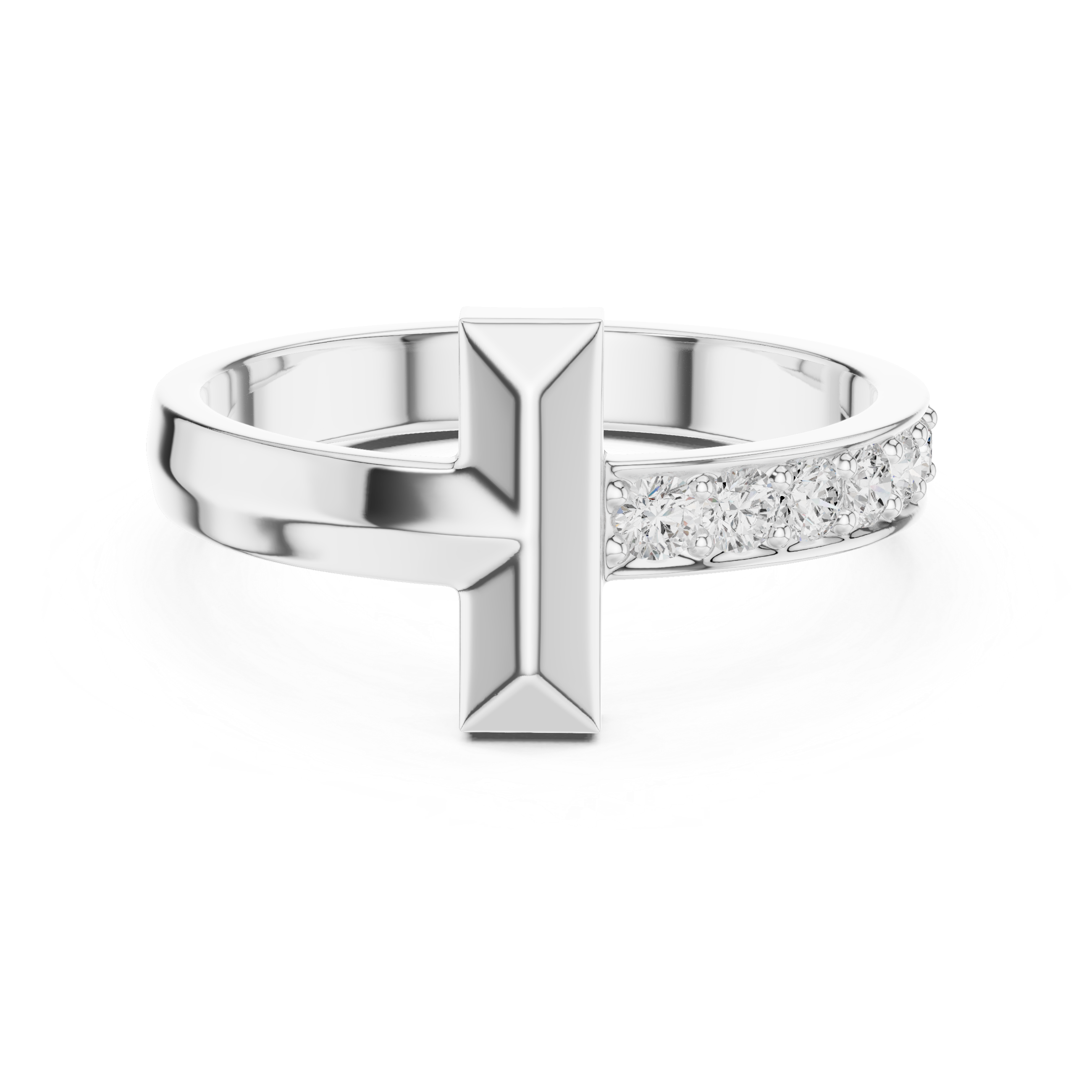 Men's silver open-band ring with geometric vertical bar top and pavé diamond half-eternity shank