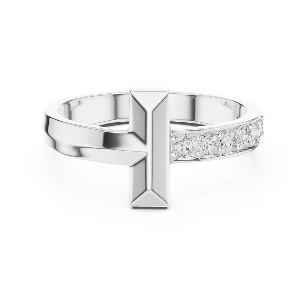 Men's silver open-band ring with geometric vertical bar top and pavé diamond half-eternity shank