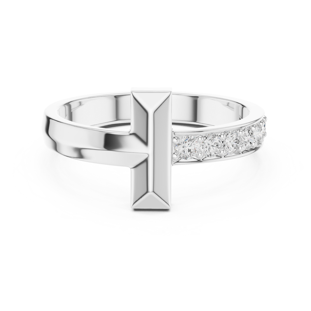 Men's silver open-band ring with geometric vertical bar top and pavé diamond half-eternity shank
