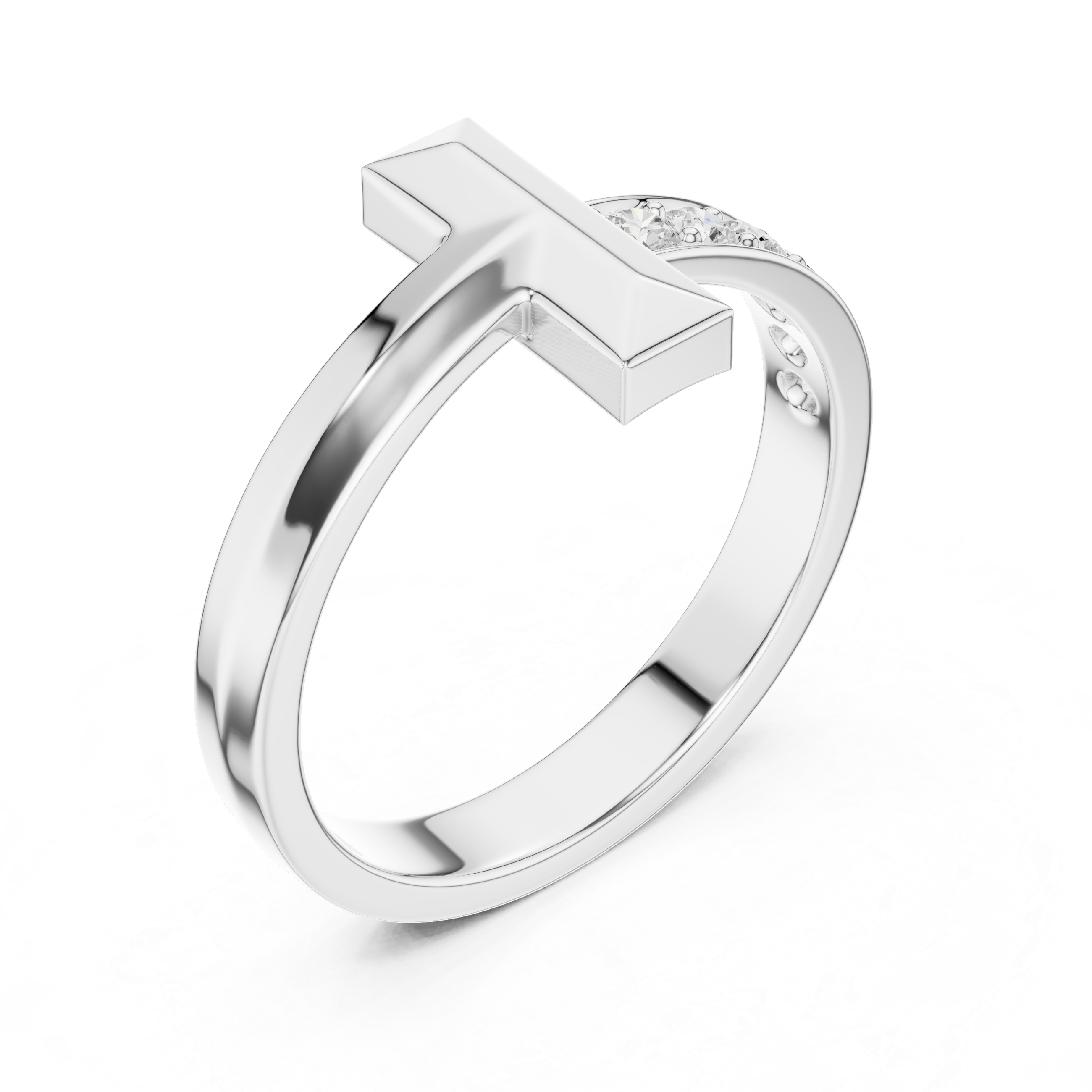 Men's silver open-band ring with geometric vertical bar top and pavé diamond half-eternity shank