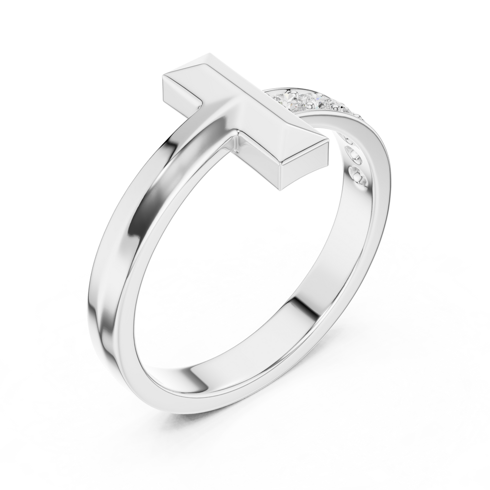 Men's silver open-band ring with geometric vertical bar top and pavé diamond half-eternity shank
