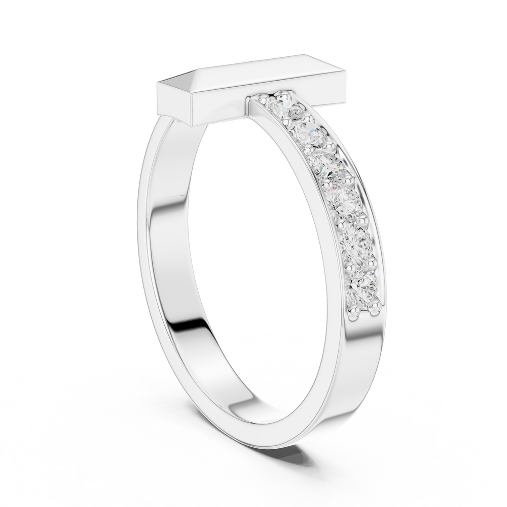 Men's silver open-band ring with geometric vertical bar top and pavé diamond half-eternity shank