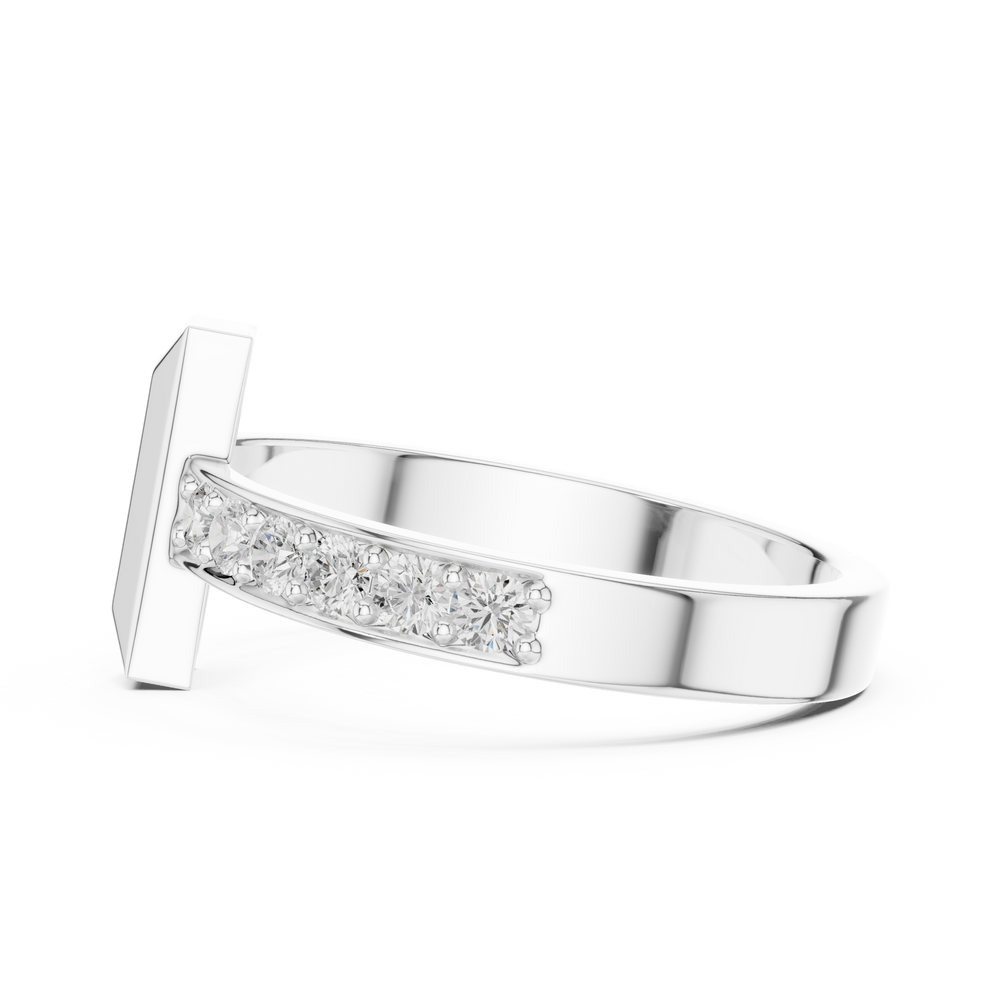 Men's silver open-band ring with geometric vertical bar top and pavé diamond half-eternity shank