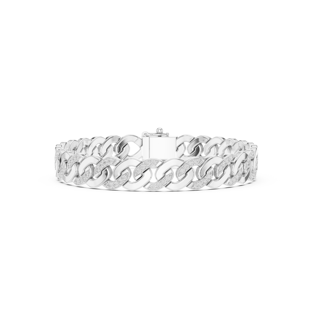 Men's wide silver Cuban link bracelet with pavé diamond-accented curb chain links