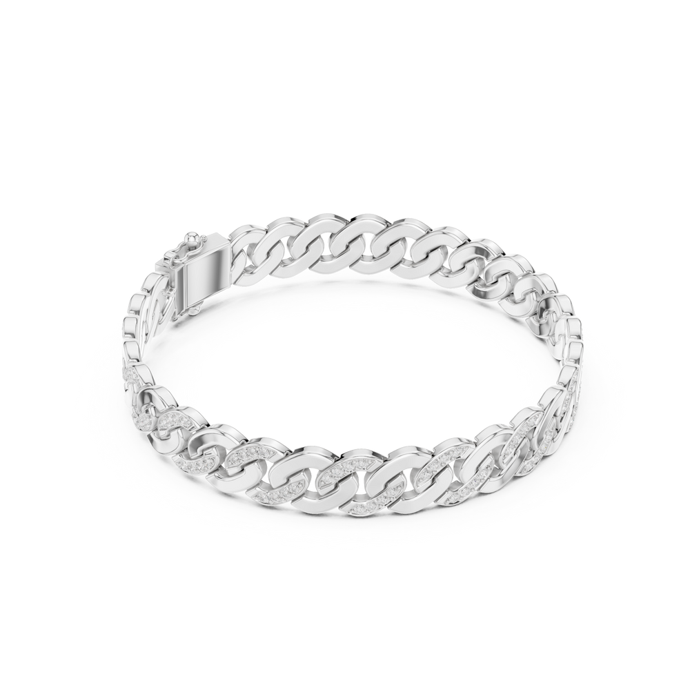 Men's wide silver Cuban link bracelet with pavé diamond-accented curb chain links