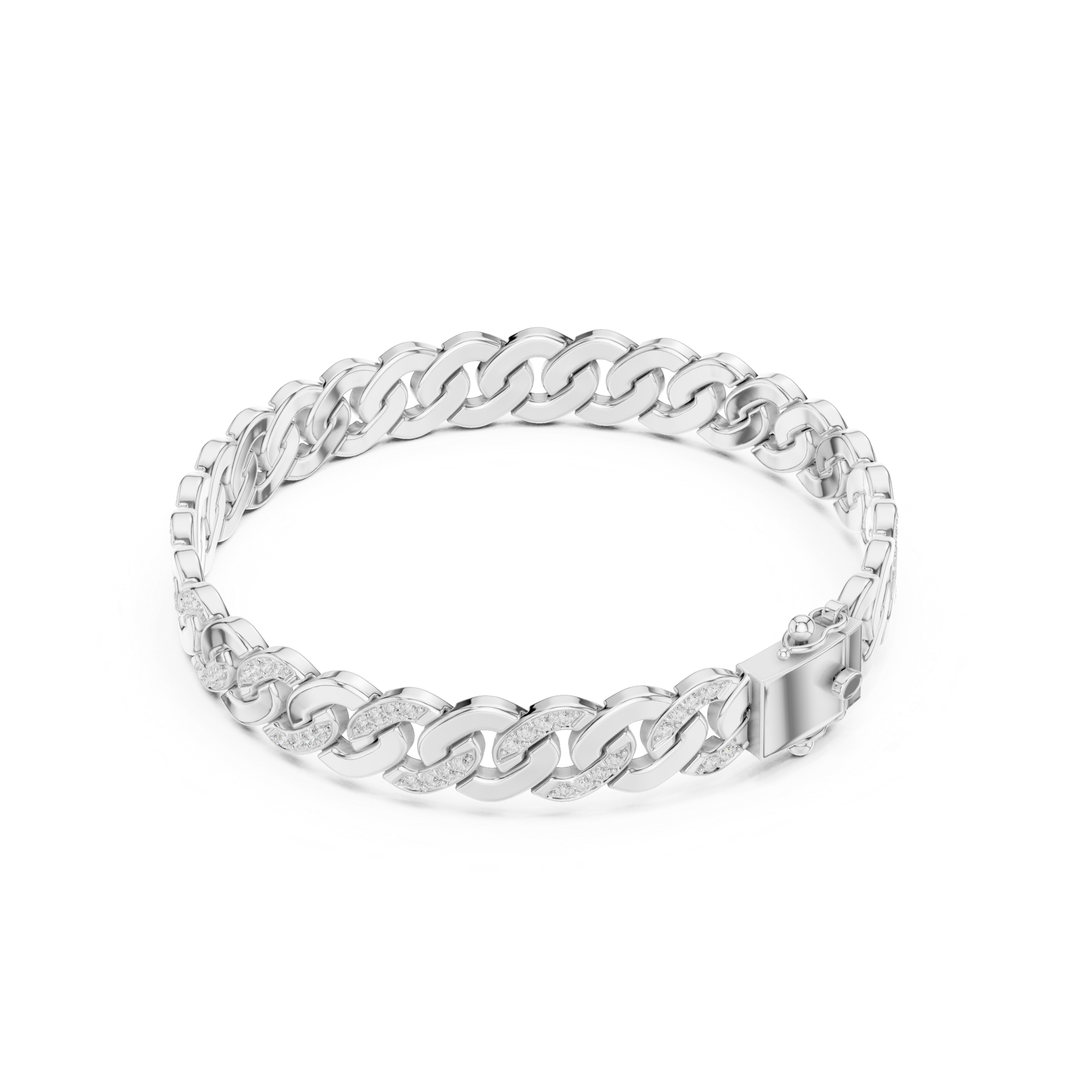 Men's wide silver Cuban link bracelet with pavé diamond-accented curb chain links