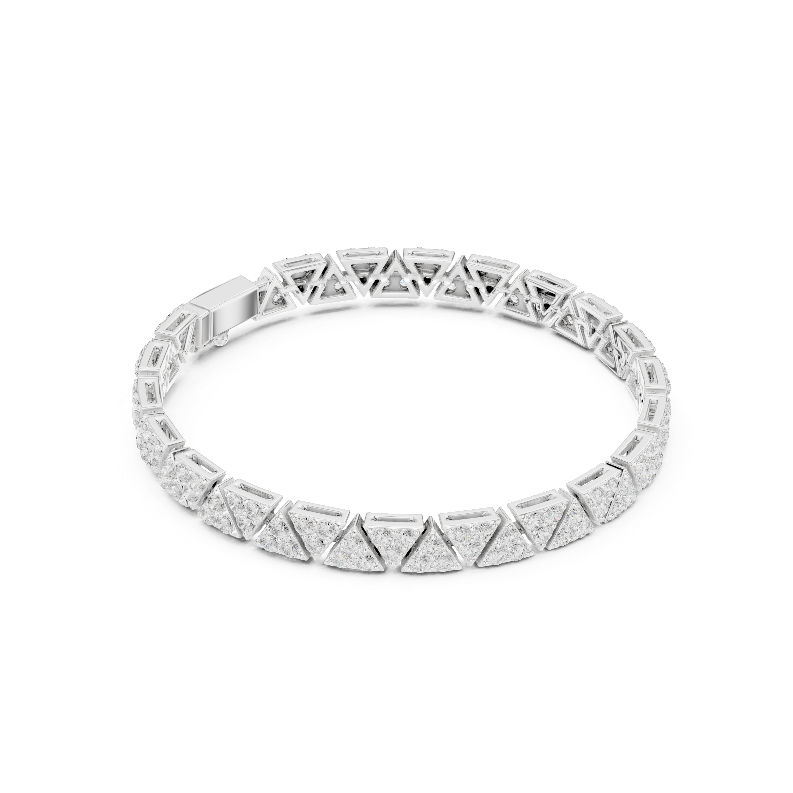 Men's silver tennis bracelet with pavé diamond-set triangle geometric links