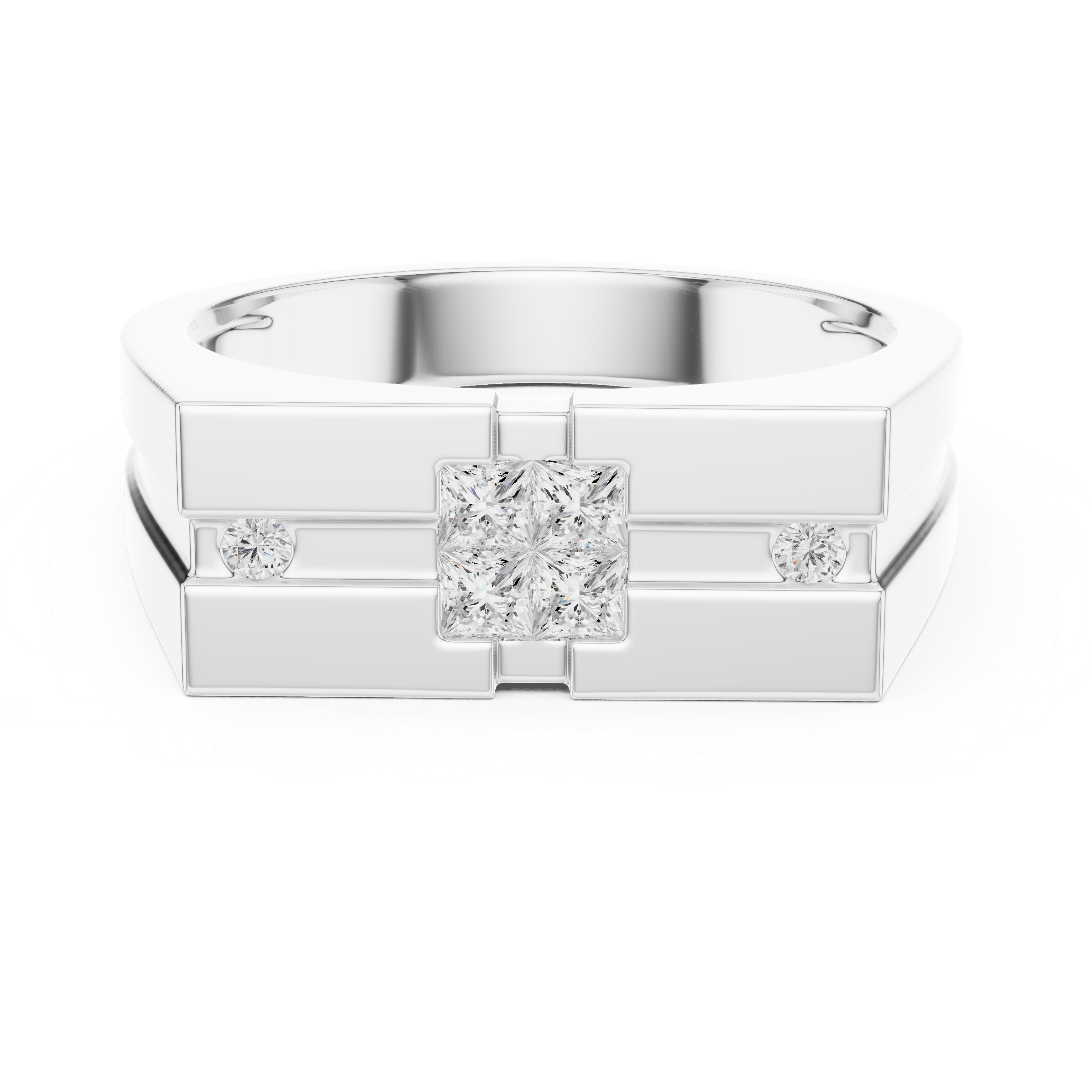 Men's silver signet ring with princess-cut diamond cluster center and round diamond side accents on ribbed band