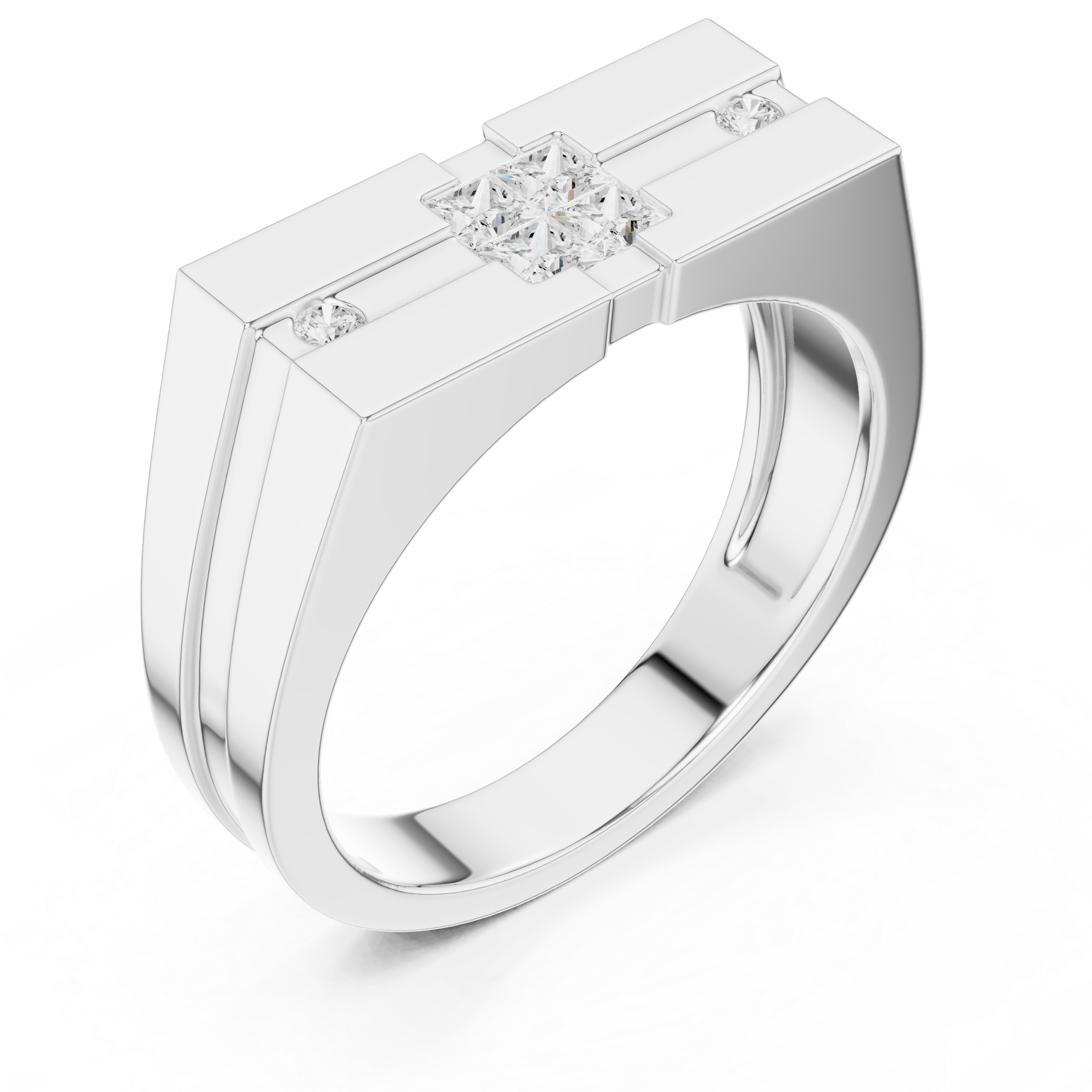 Men's silver signet ring with princess-cut diamond cluster center and round diamond side accents on ribbed band