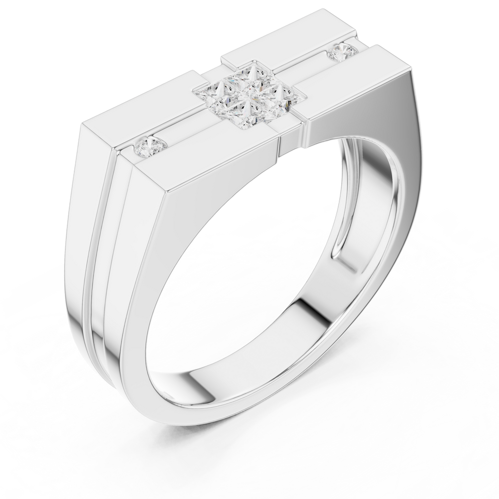 Men's silver signet ring with princess-cut diamond cluster center and round diamond side accents on ribbed band