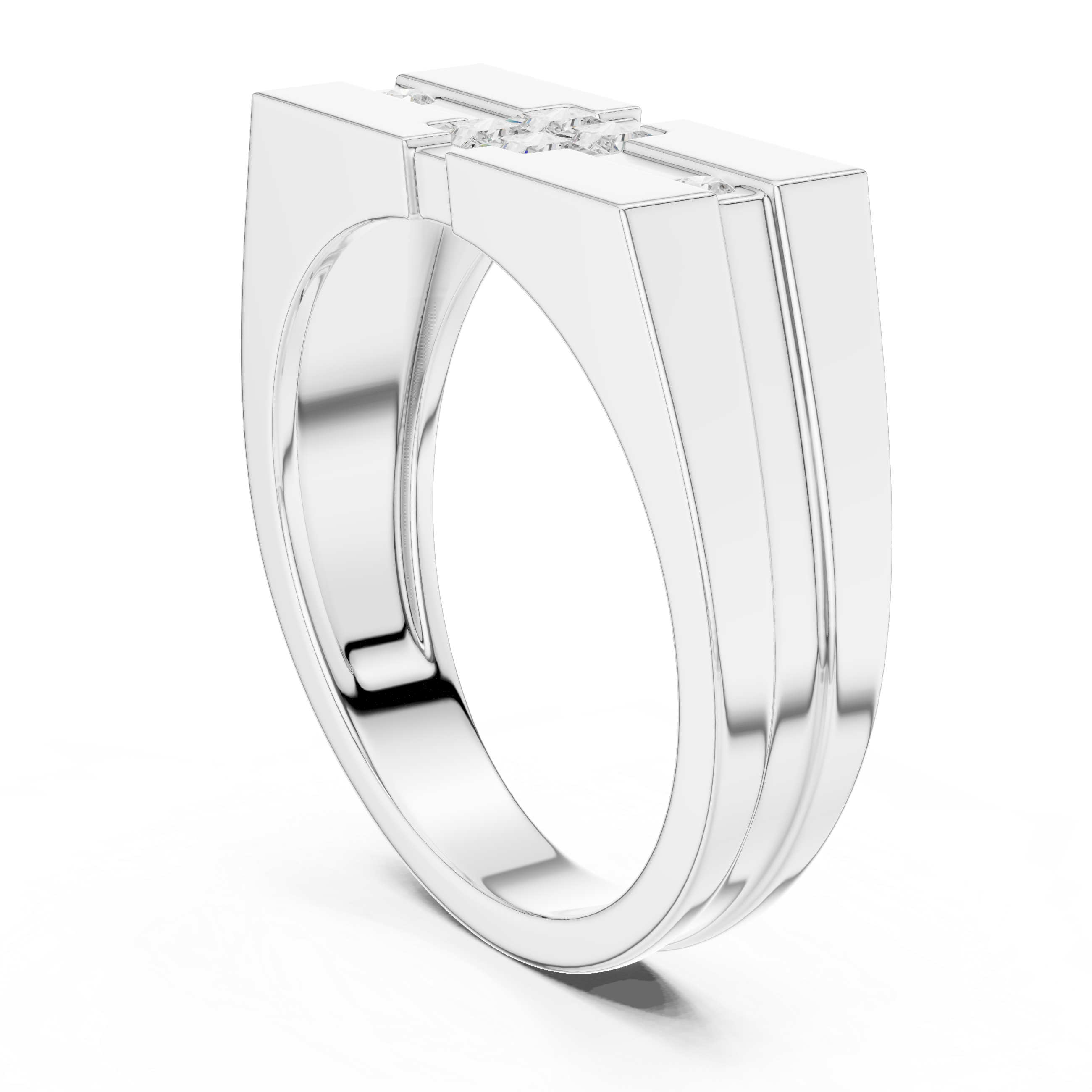 Men's silver signet ring with princess-cut diamond cluster center and round diamond side accents on ribbed band