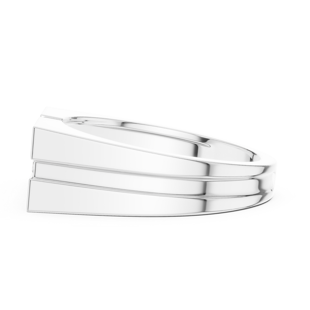 Men's silver signet ring with princess-cut diamond cluster center and round diamond side accents on ribbed band