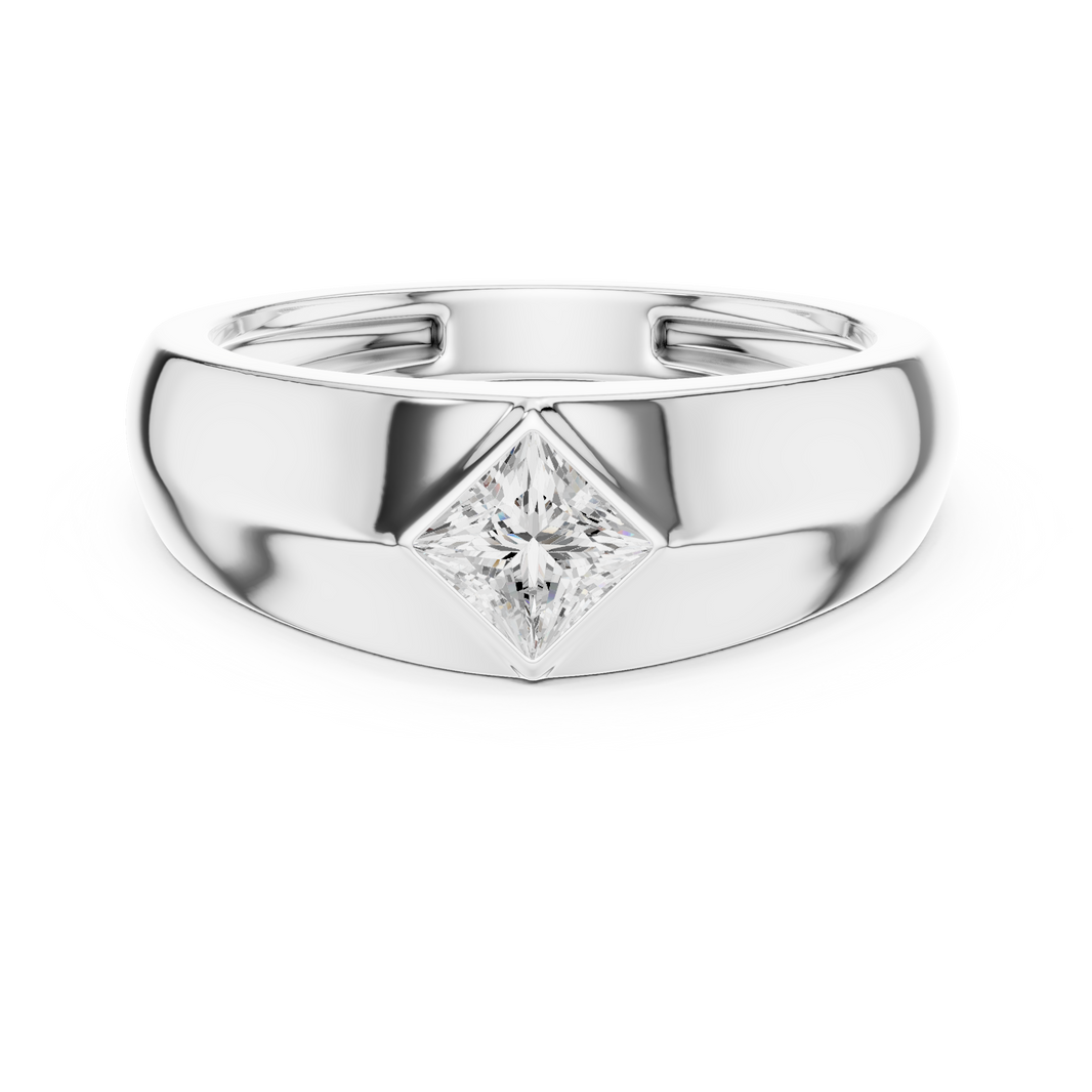 Men's wide polished silver dome ring with diagonal tilted princess-cut solitaire diamond center