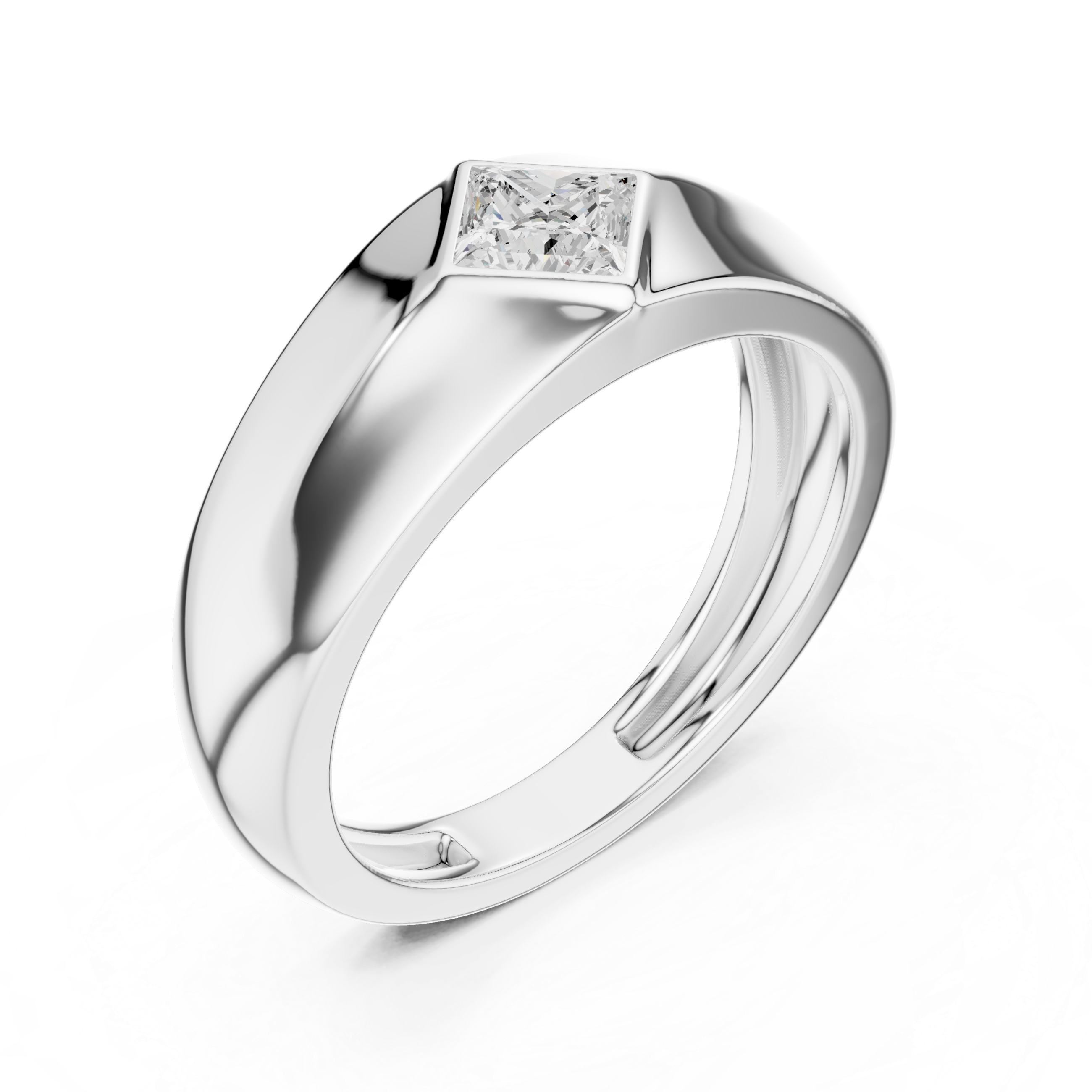 Men's wide polished silver dome ring with diagonal tilted princess-cut solitaire diamond center
