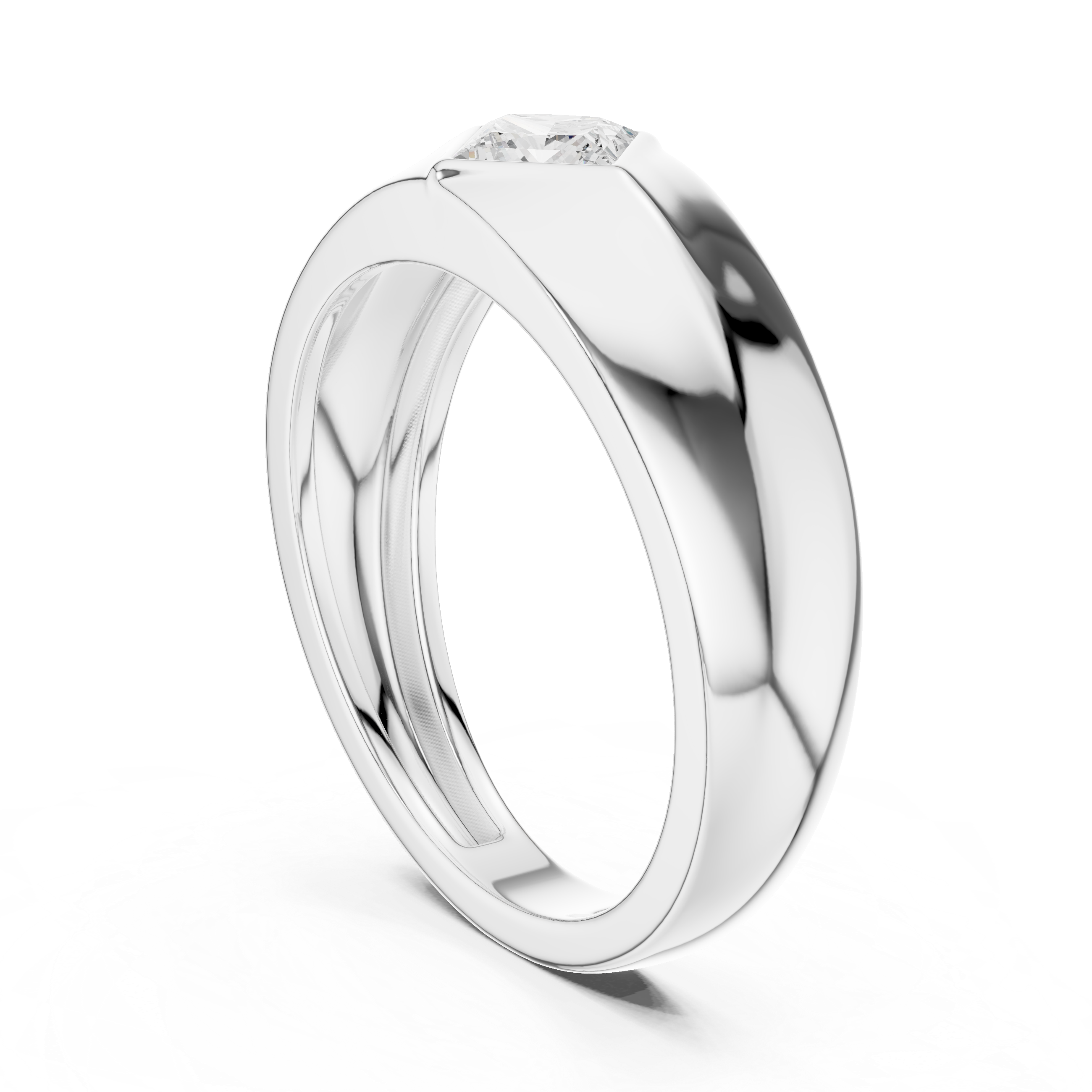 Men's wide polished silver dome ring with diagonal tilted princess-cut solitaire diamond center