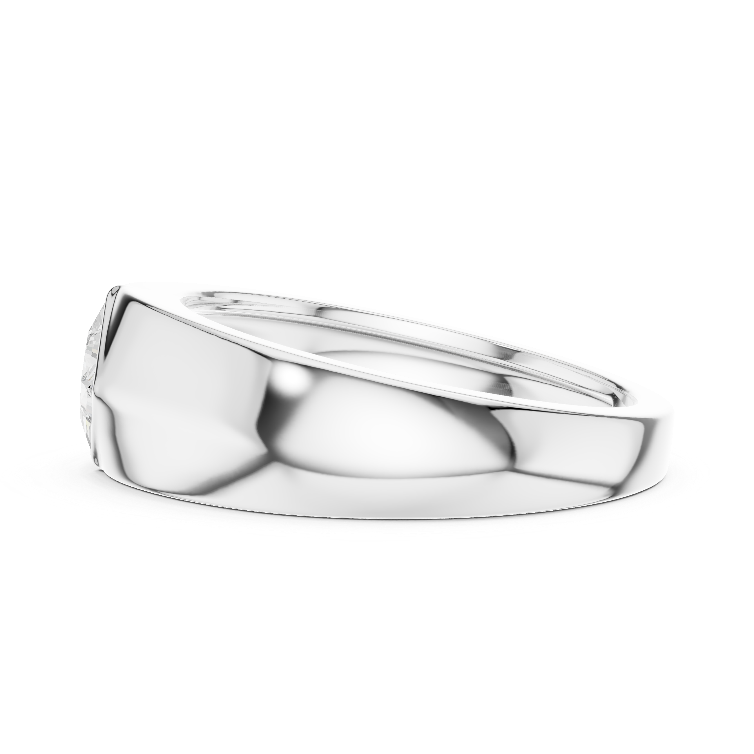 Men's wide polished silver dome ring with diagonal tilted princess-cut solitaire diamond center